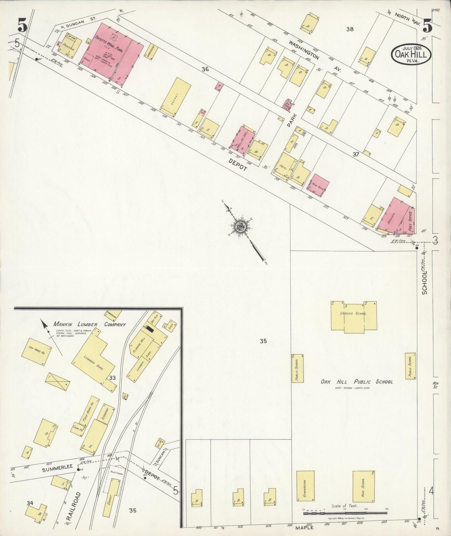 Sanborn Fire Insurance Map from Oak Hill, Fayette County, West Virginia (1926), Sheet #0005 - Historic Sanborn Fire Insurance Map Print, vintage old map wall art, antique decor, genealogy gift, West Virginia West Virginia map