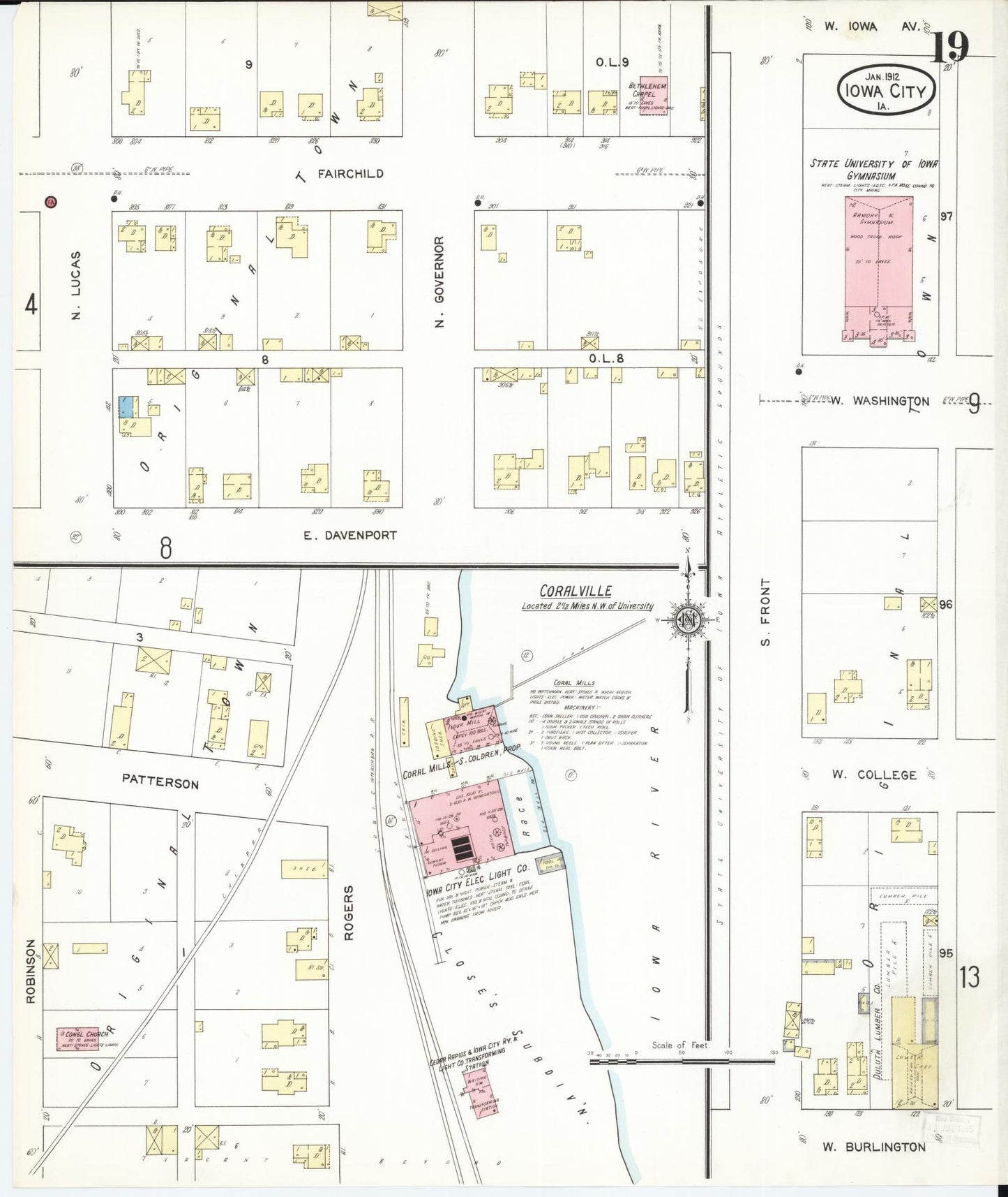 Sanborn Fire Insurance Map from Iowa City, Johnson County, Iowa (1912), Sheet #0019 - Historic Sanborn Fire Insurance Map Print, vintage old map wall art