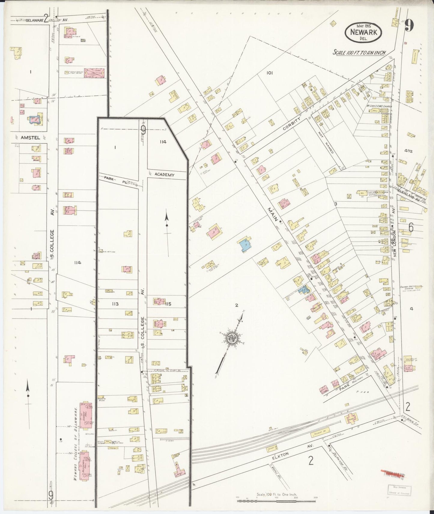 Sanborn Fire Insurance Map from Newark, New Castle County, Delaware (1915), Sheet #0009 - Complete Map Set gallery image, historic Sanborn map, vintage wall art, Delaware Delaware