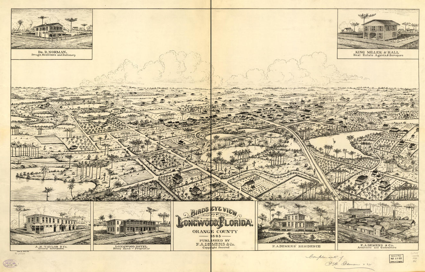 Bird's eye view of Longwood, Florida, Orange County 1885. (1885) – Historic Bird’s-Eye View Panorama Print