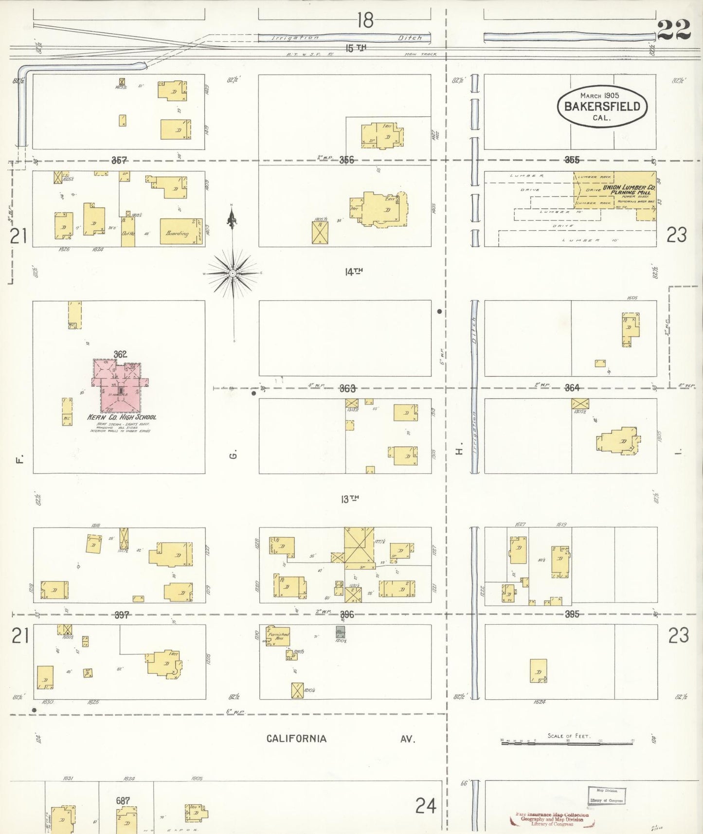 Sanborn Fire Insurance Map from Bakersfield, Kern County, California (1905), Sheet #0022 - Historic Sanborn Fire Insurance Map Print, vintage old map wall art, antique decor, genealogy gift, California California map