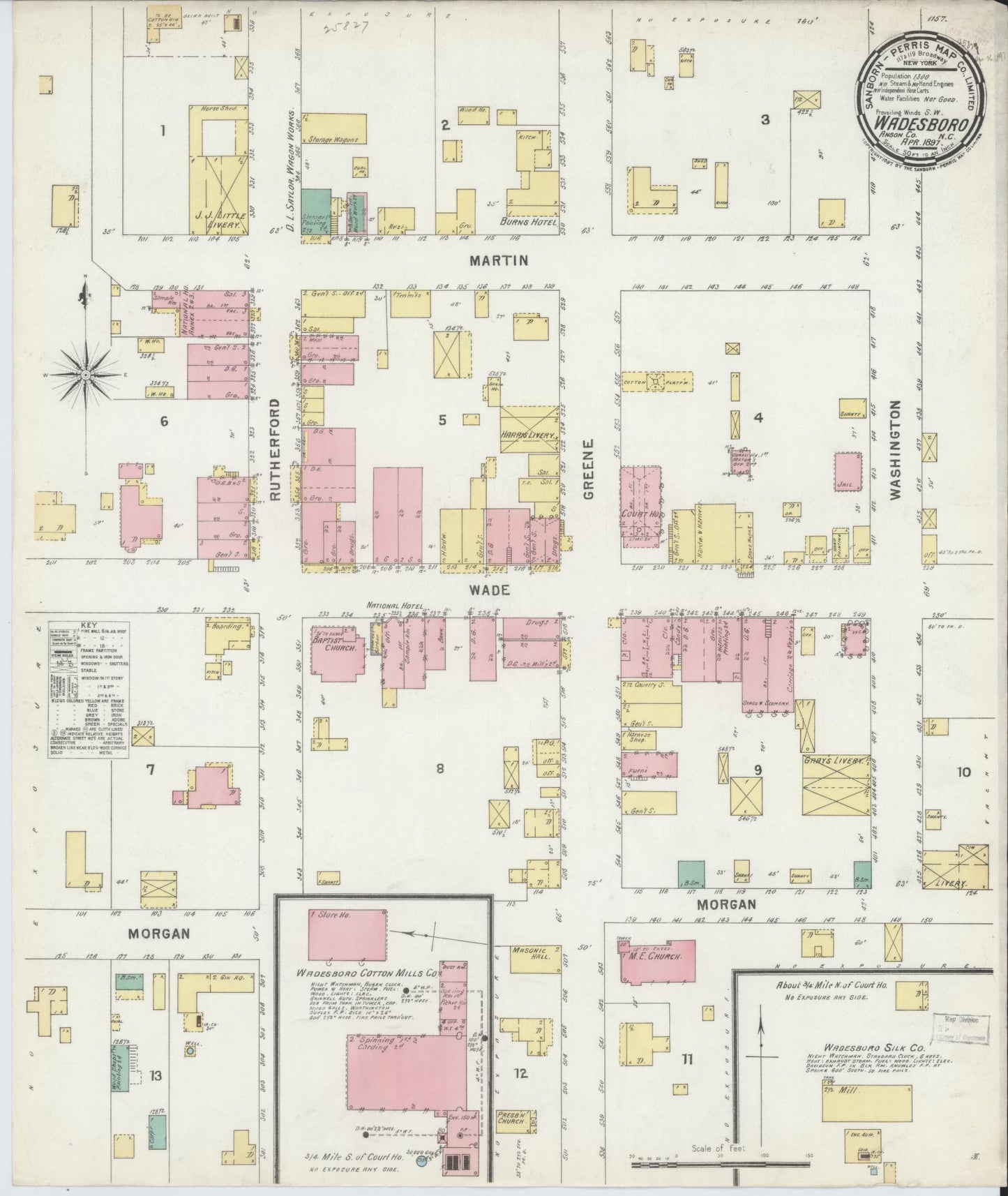Sanborn Fire Insurance Map from Wadesboro, Anson County, North Carolina (1897), Sheet #0001 - Historic Sanborn Fire Insurance Map Print, vintage old map wall art, antique decor, genealogy gift, North Carolina North Carolina map