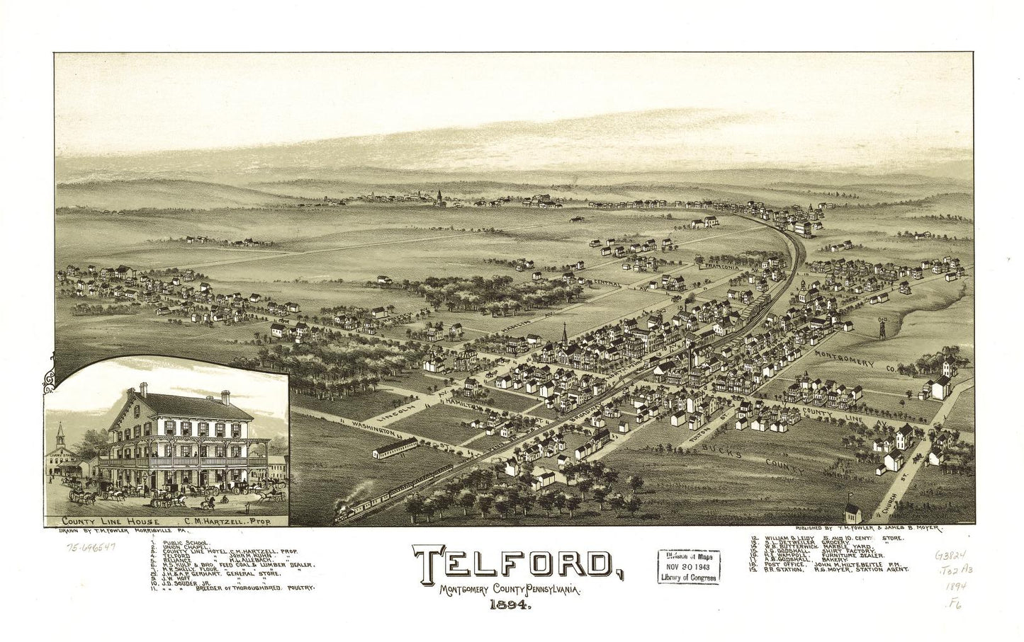 Telford, Montgomery County, Pennsylvania 1894. (1894) – Historic Bird’s-Eye View Panorama Print
