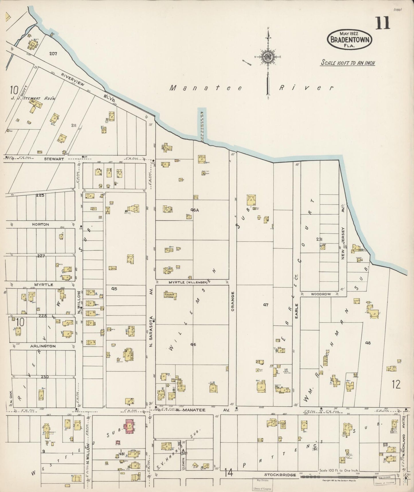 Sanborn Fire Insurance Map from Bradentown, Manatee County, Florida (1922), Sheet #0011 - Historic Sanborn Fire Insurance Map Print, vintage old map wall art, antique decor, genealogy gift, Florida Florida map