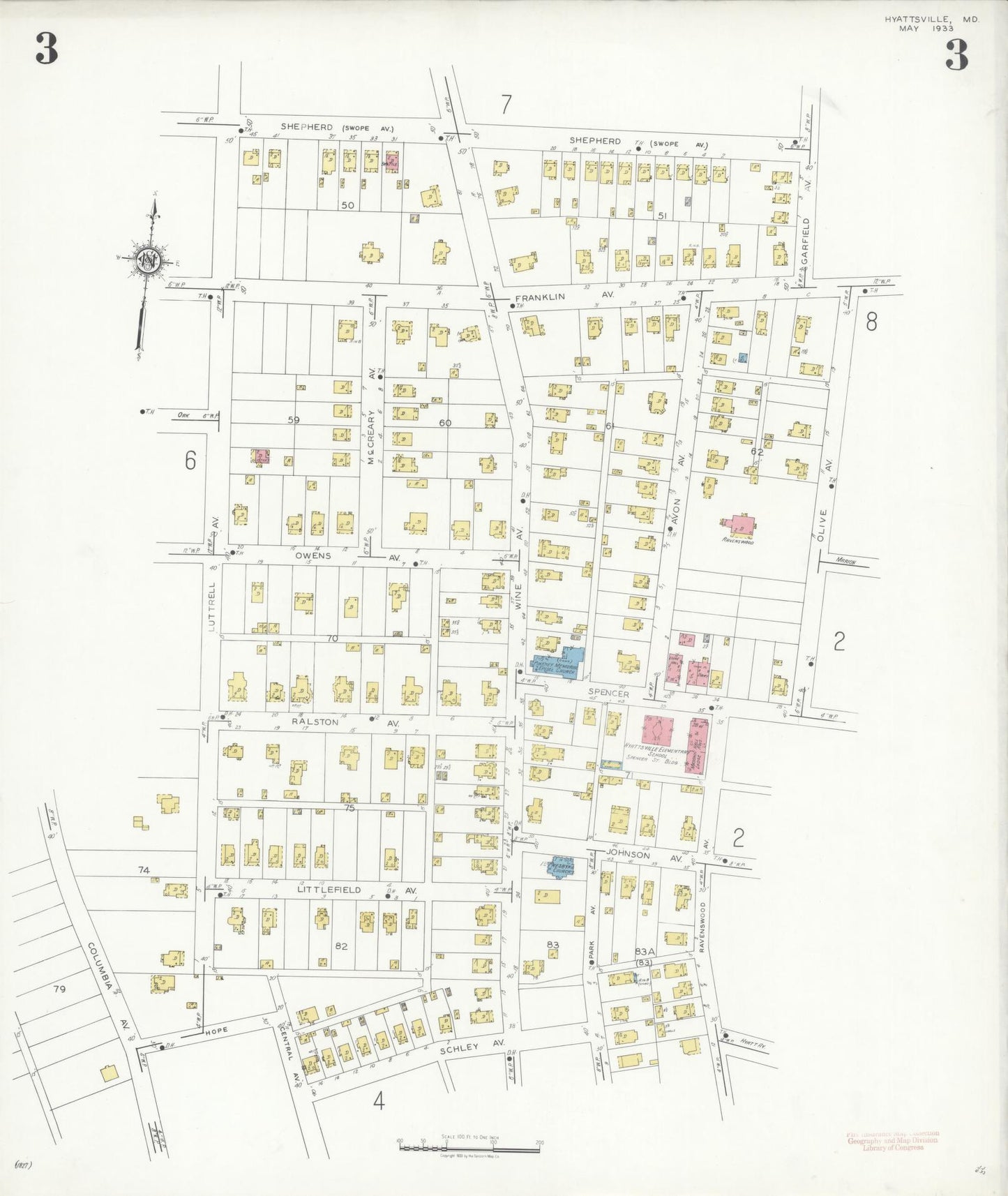 Sanborn Fire Insurance Map from Hyattsville, Prince Georges County, Maryland (1933), Sheet #0003 - Historic Sanborn Fire Insurance Map Print, vintage old map wall art