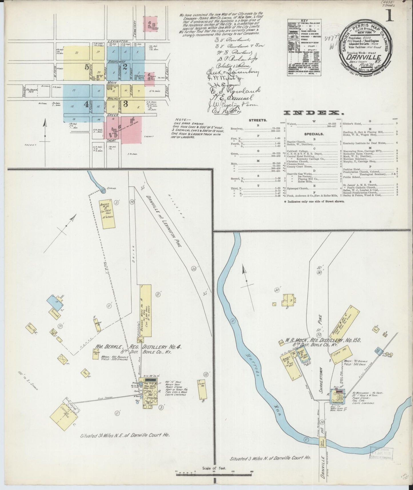 Sanborn Fire Insurance Map from Danville, Boyle County, Kentucky (1891), Sheet #0001 - Historic Sanborn Fire Insurance Map Print, vintage old map wall art, antique decor, genealogy gift, Kentucky Kentucky map