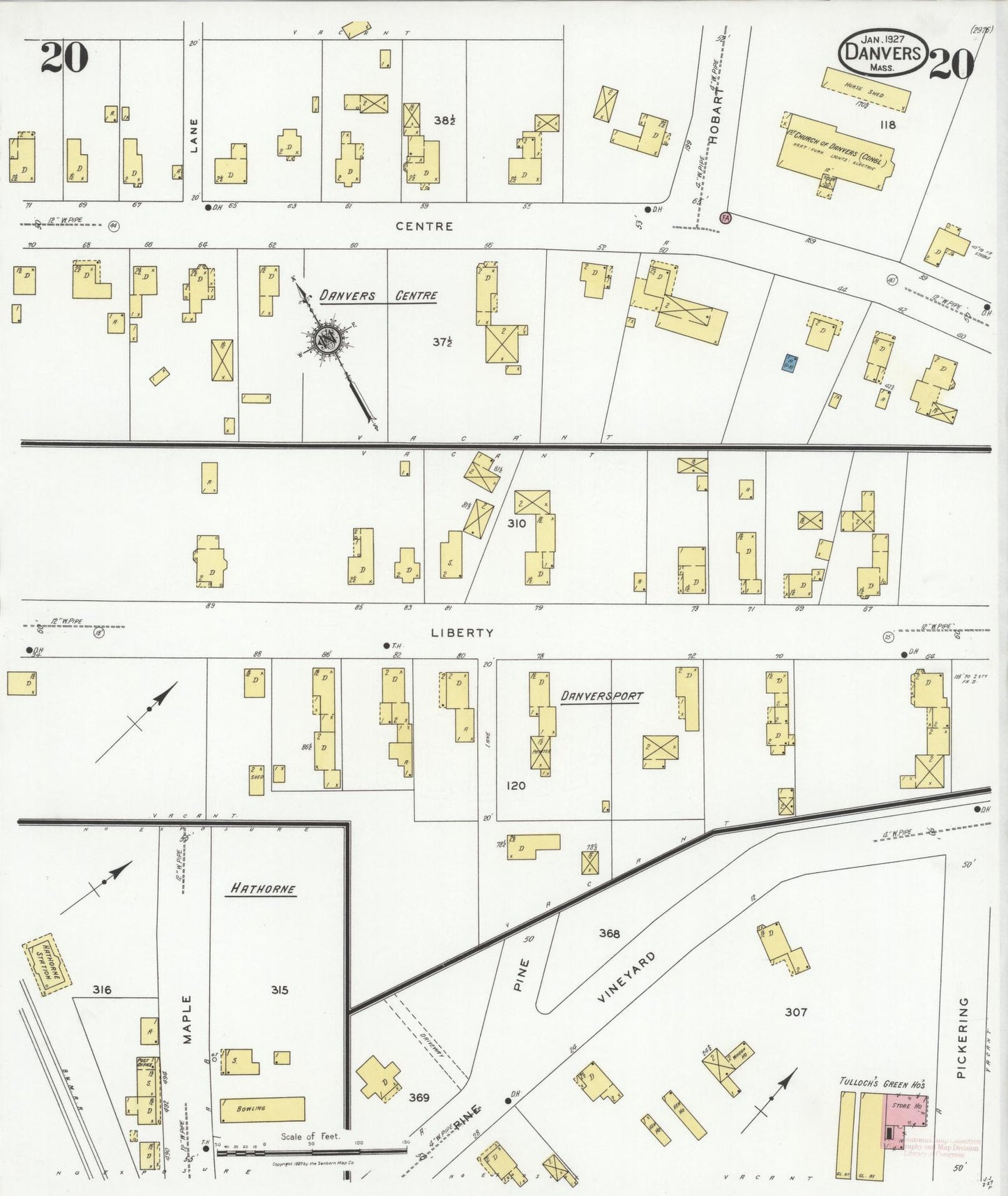 Sanborn Fire Insurance Map from Danvers, Essex County, Massachusetts (1927), Sheet #0020 - Historic Sanborn Fire Insurance Map Print, vintage old map wall art, antique decor, genealogy gift, Massachusetts Massachusetts map