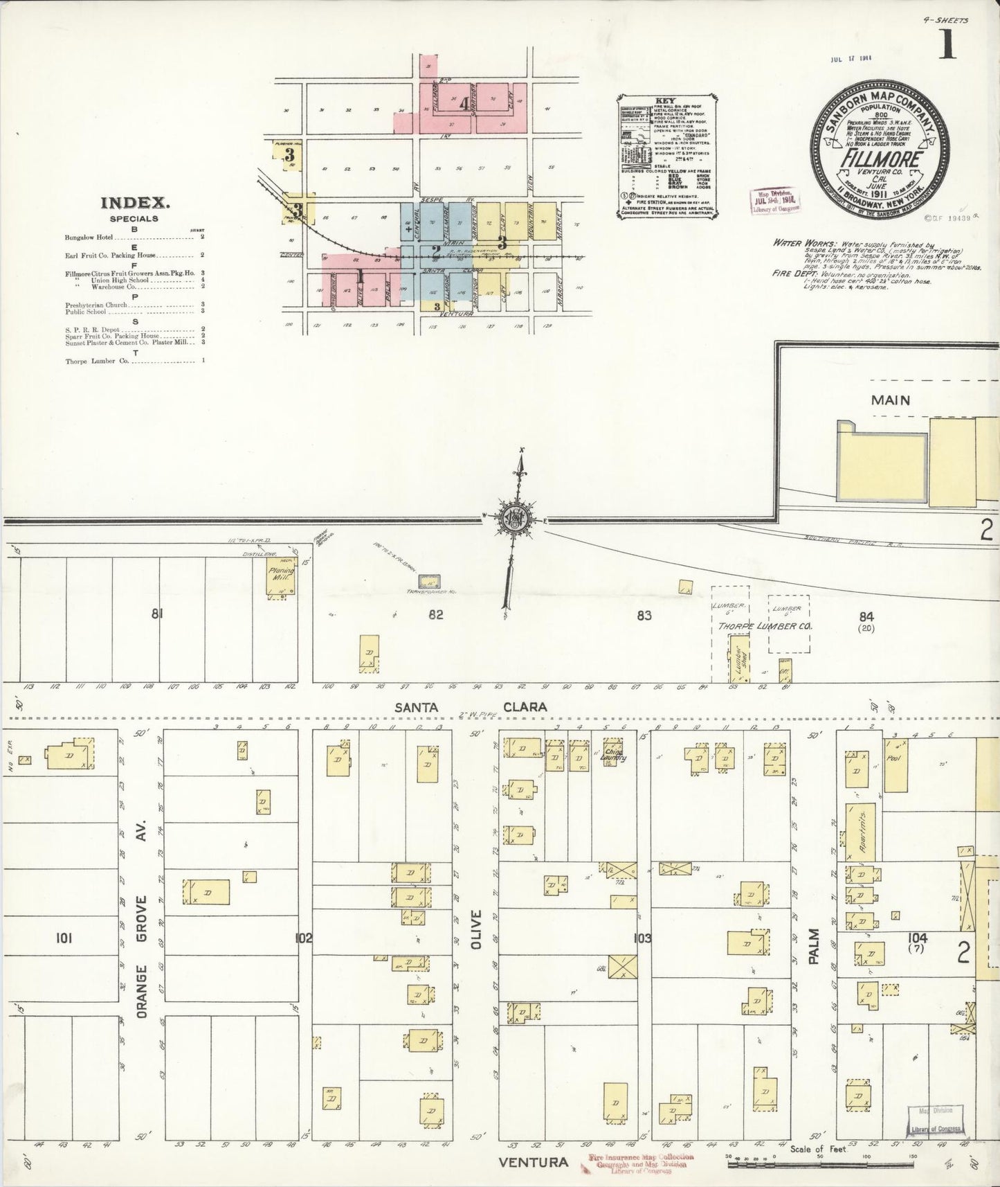 Sanborn Fire Insurance Map from Fillmore, Ventura County, California (1911), Sheet #0001 - Historic Sanborn Fire Insurance Map Print, vintage old map wall art, antique decor, genealogy gift, California California map