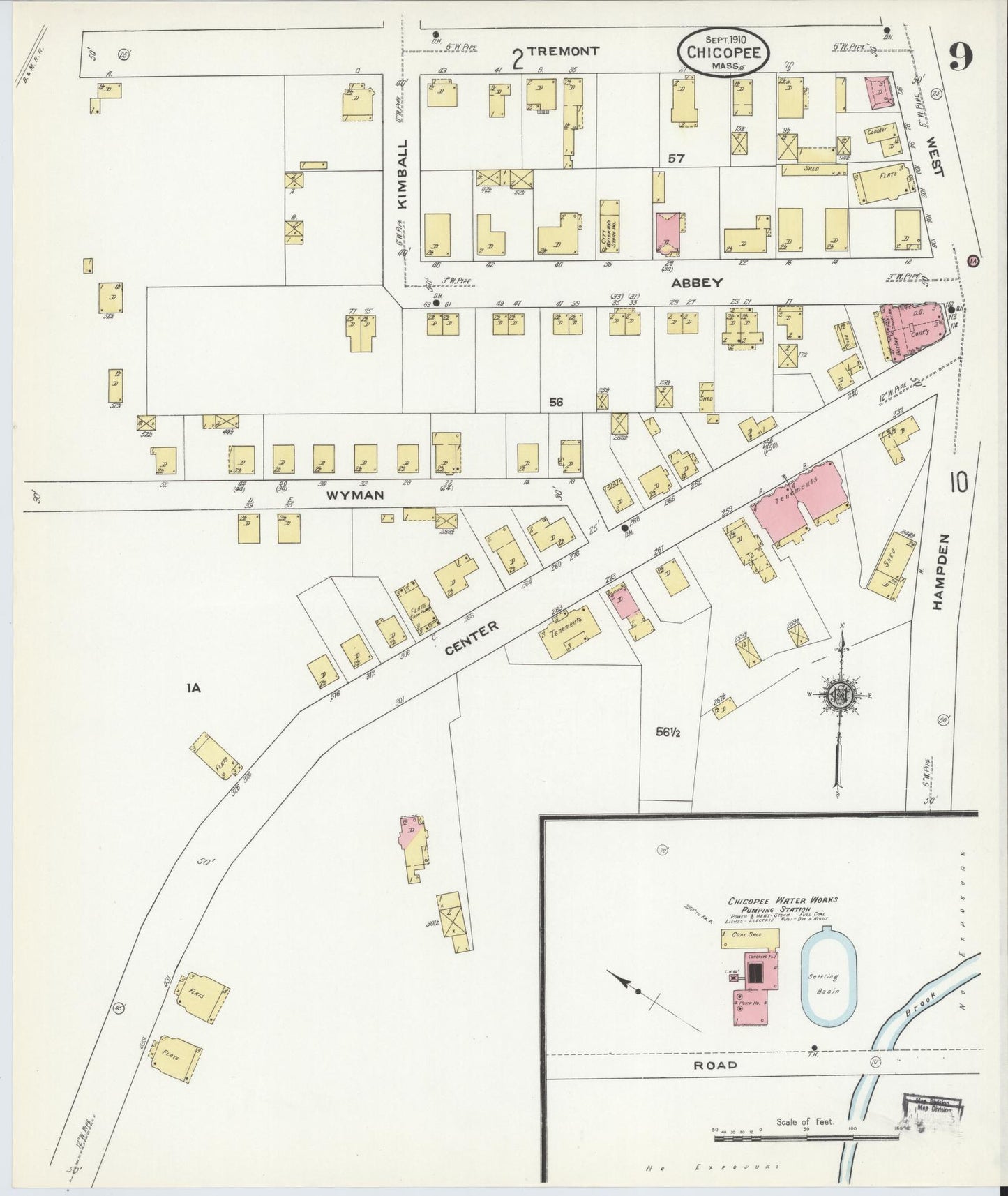 Sanborn Fire Insurance Map from Chicopee, Hampden County, Massachusetts (1910), Sheet #0009 - Historic Sanborn Fire Insurance Map Print, vintage old map wall art, antique decor, genealogy gift, Massachusetts Massachusetts map