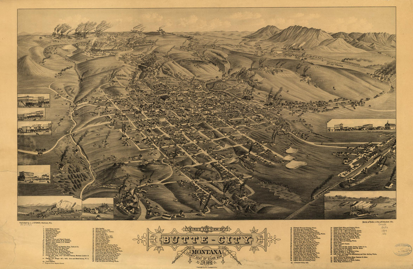 Bird's eye view of Butte-City, Montana, county seat of Silver Bow Co., 1884 (1884) – Historic Bird’s-Eye View Panorama Print