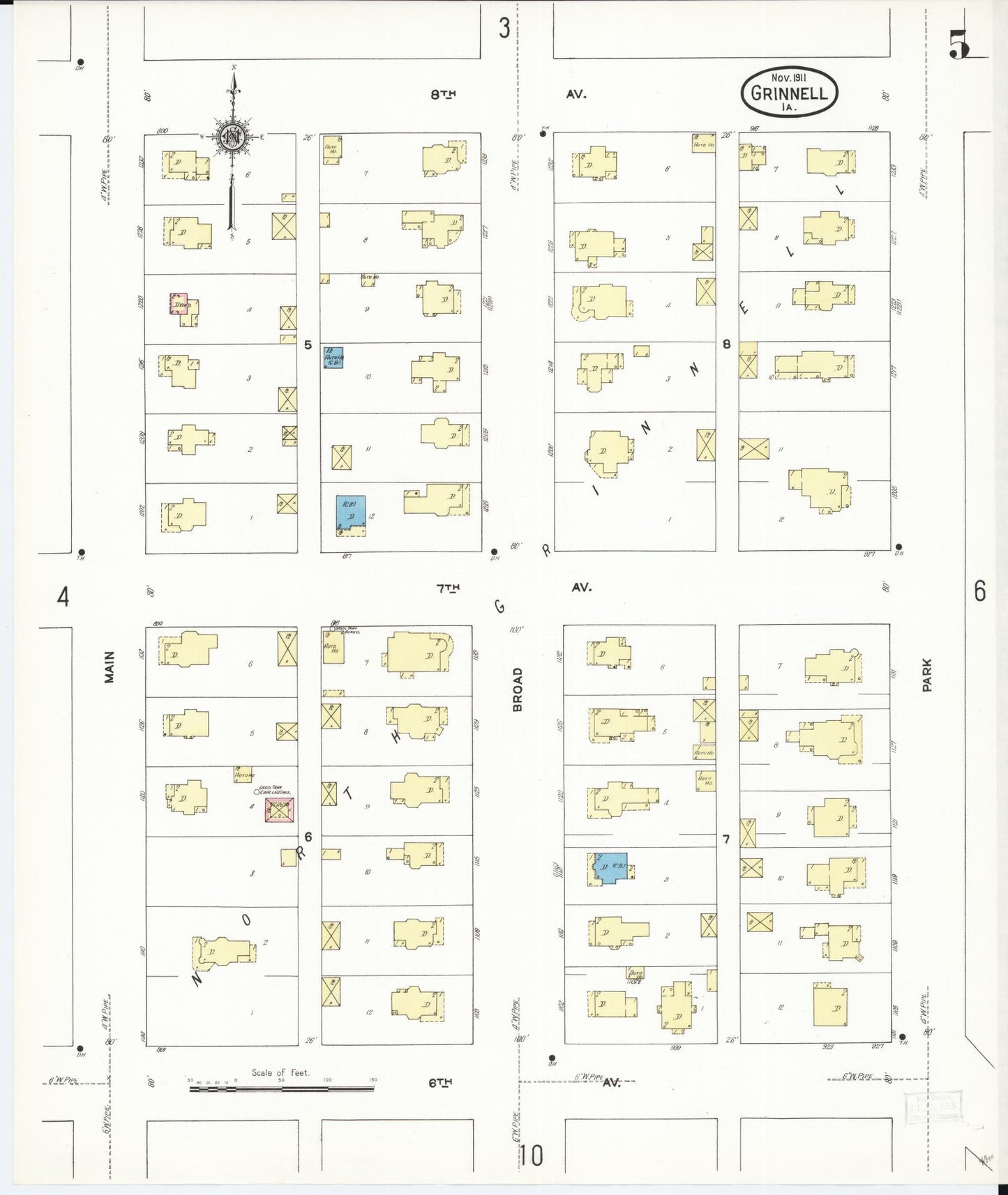 Sanborn Fire Insurance Map from Grinnell, Poweshiek County, Iowa (1911), Sheet #0005 - Historic Sanborn Fire Insurance Map Print, vintage old map wall art