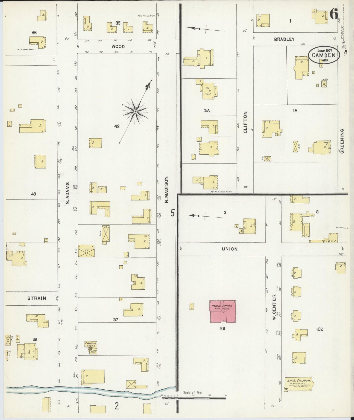 Sanborn Fire Insurance Map from Camden, Ouachita County, Arkansas (1907), Sheet #0006 - Historic Sanborn Fire Insurance Map Print, vintage old map wall art, antique decor, genealogy gift, Arkansas Arkansas map
