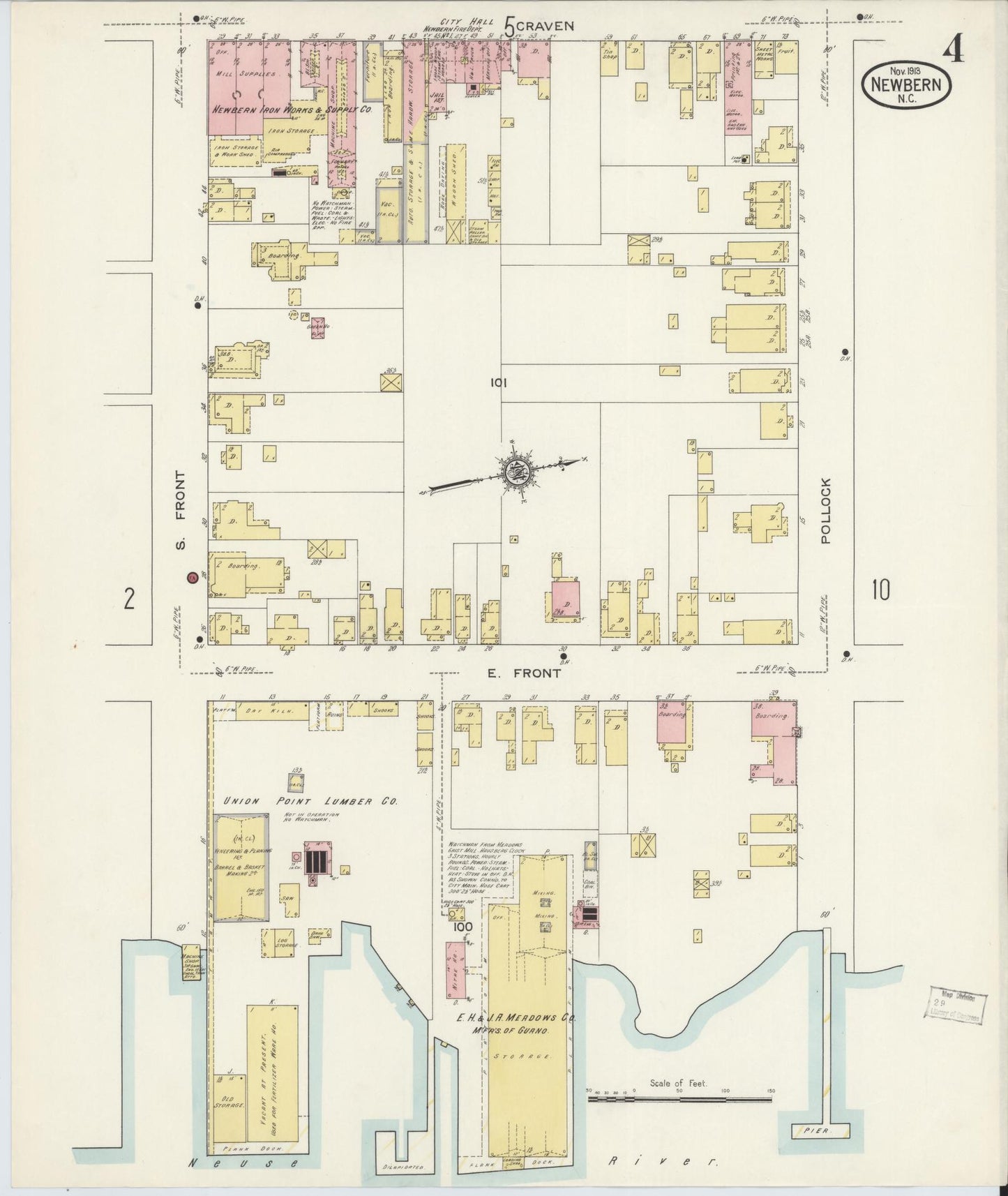 Sanborn Fire Insurance Map from New Bern, Craven County, North Carolina (1913), Sheet #0004 - Historic Sanborn Fire Insurance Map Print, vintage old map wall art, antique decor, genealogy gift, North Carolina North Carolina map