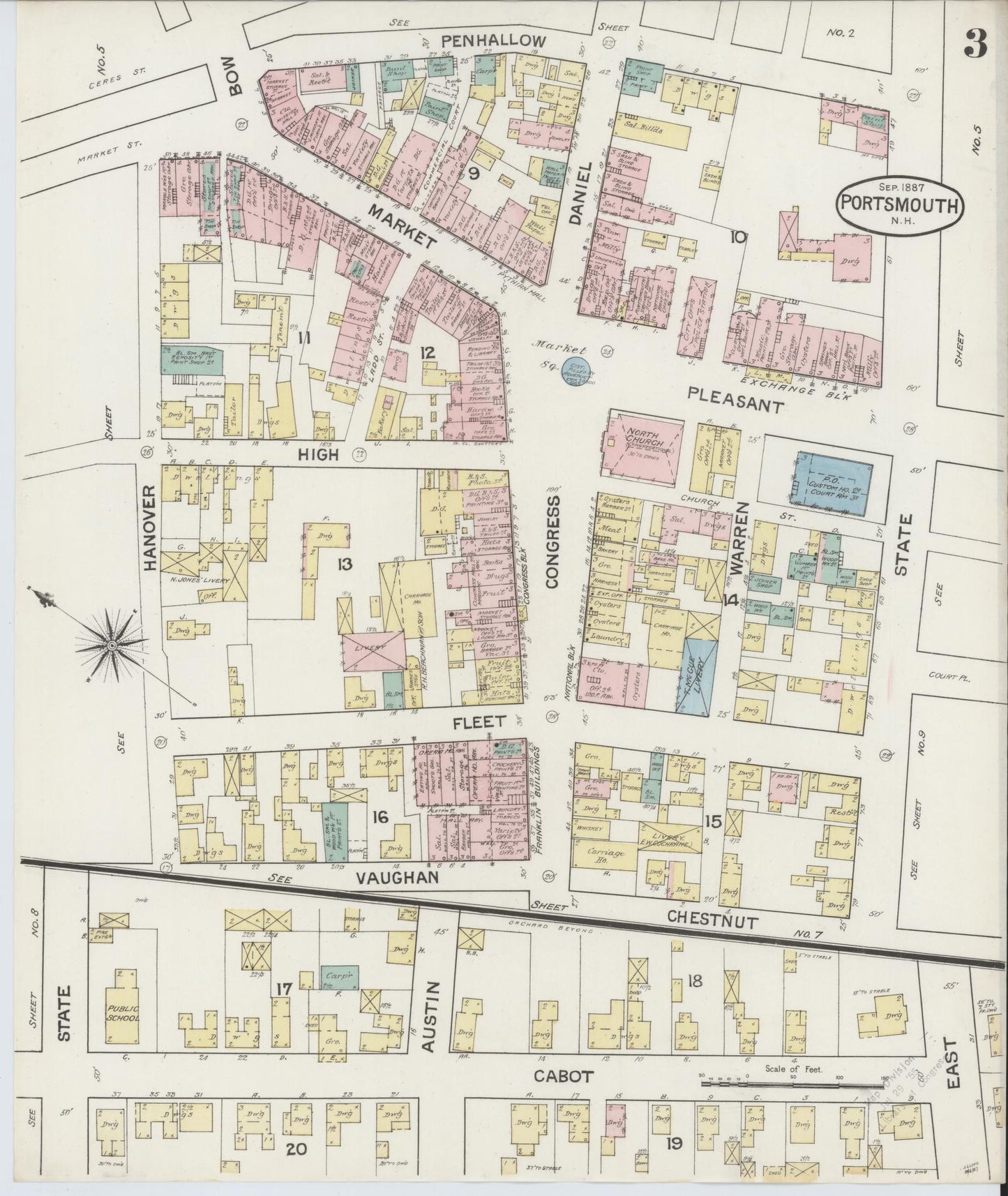 Sanborn Fire Insurance Map from Portsmouth, Rockingham County, New Hampshire (1887), Sheet #0003 - Historic Sanborn Fire Insurance Map Print, vintage old map wall art, antique decor, genealogy gift, New Hampshire New Hampshire map