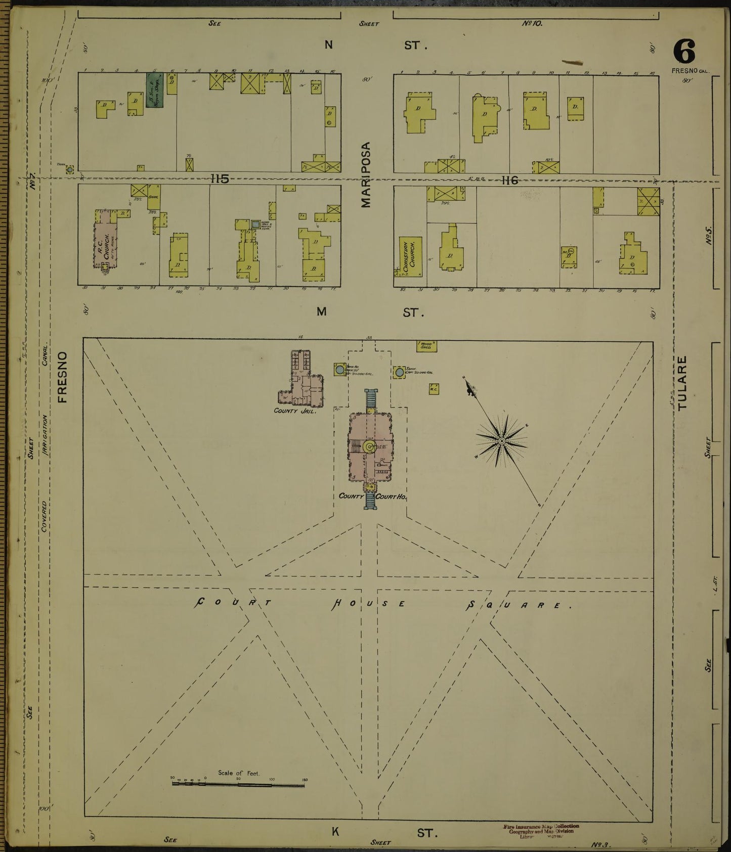 Sanborn Fire Insurance Map from Fresno, Fresno County, California (1888), Sheet #0006 - Historic Sanborn Fire Insurance Map Print, vintage old map wall art, antique decor, genealogy gift, California California map