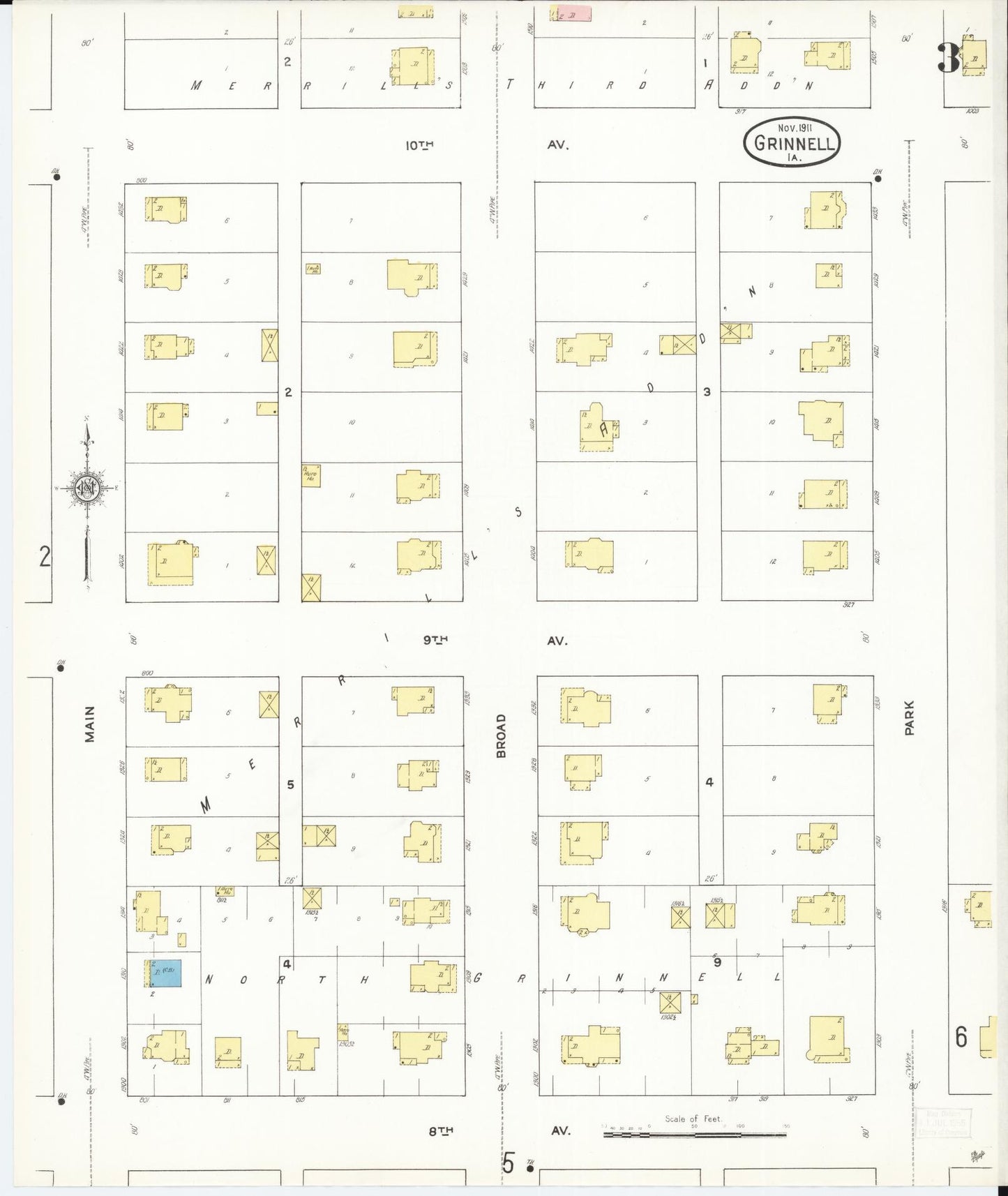 Sanborn Fire Insurance Map from Grinnell, Poweshiek County, Iowa (1911), Sheet #0003 - Historic Sanborn Fire Insurance Map Print, vintage old map wall art