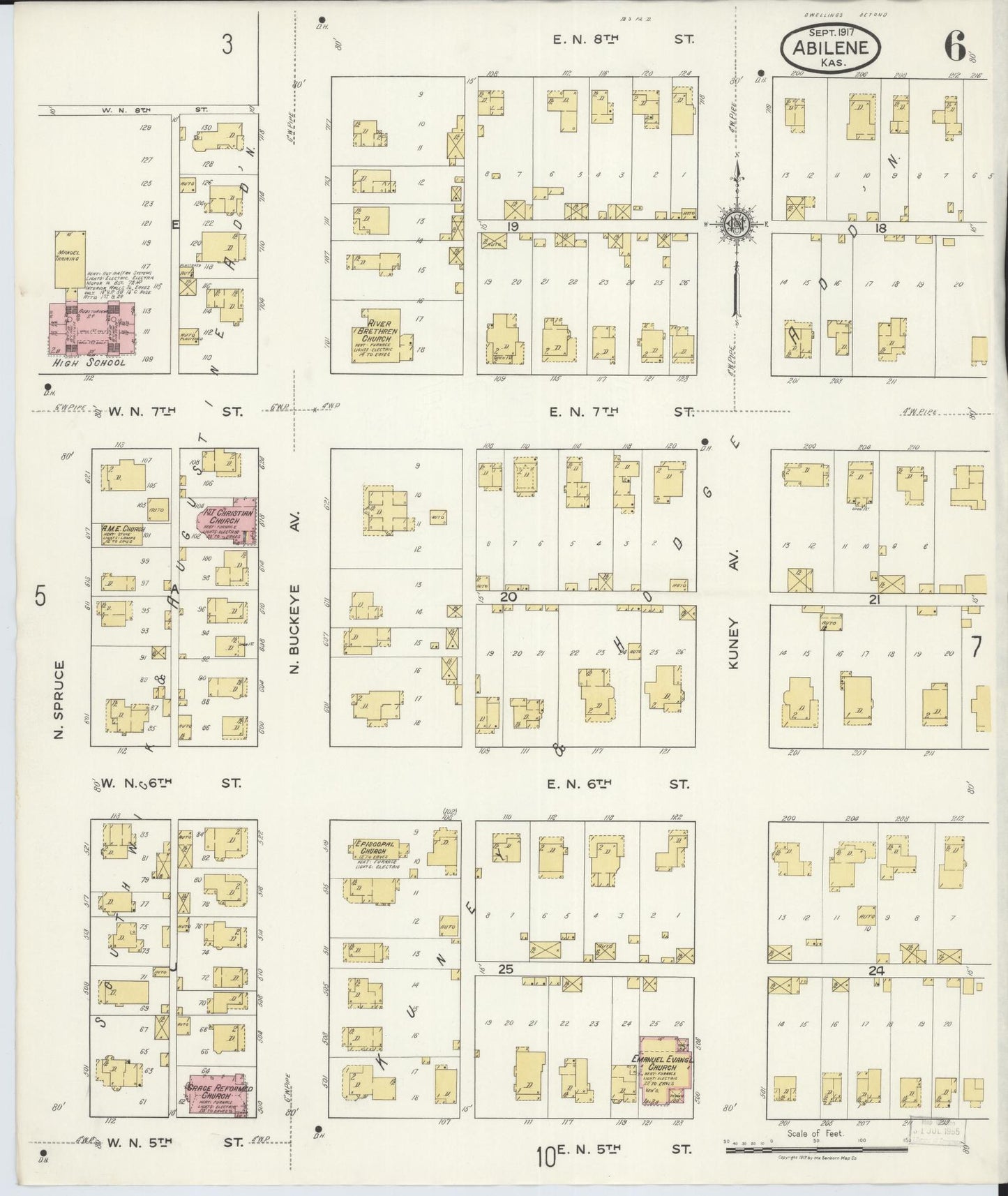 Sanborn Fire Insurance Map from Abilene, Dickinson County, Kansas (1917), Sheet #0006 - Historic Sanborn Fire Insurance Map Print, vintage old map wall art, antique decor, genealogy gift, Kansas Kansas map