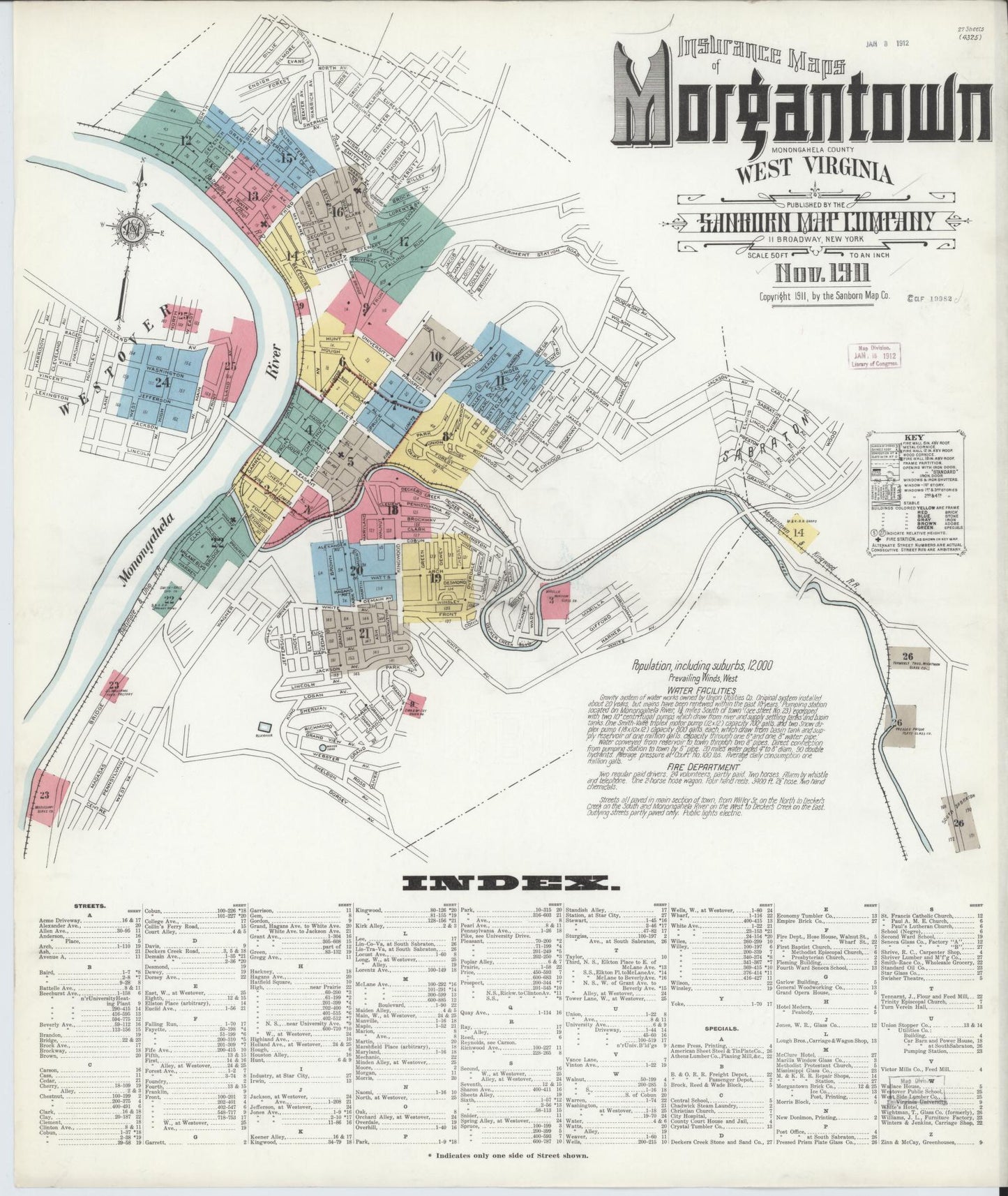 Sanborn Fire Insurance Map from Morgantown, Monongalia County, West Virginia (1911), Sheet #0001 - Historic Sanborn Fire Insurance Map Print, vintage old map wall art, antique decor, genealogy gift, West Virginia West Virginia map