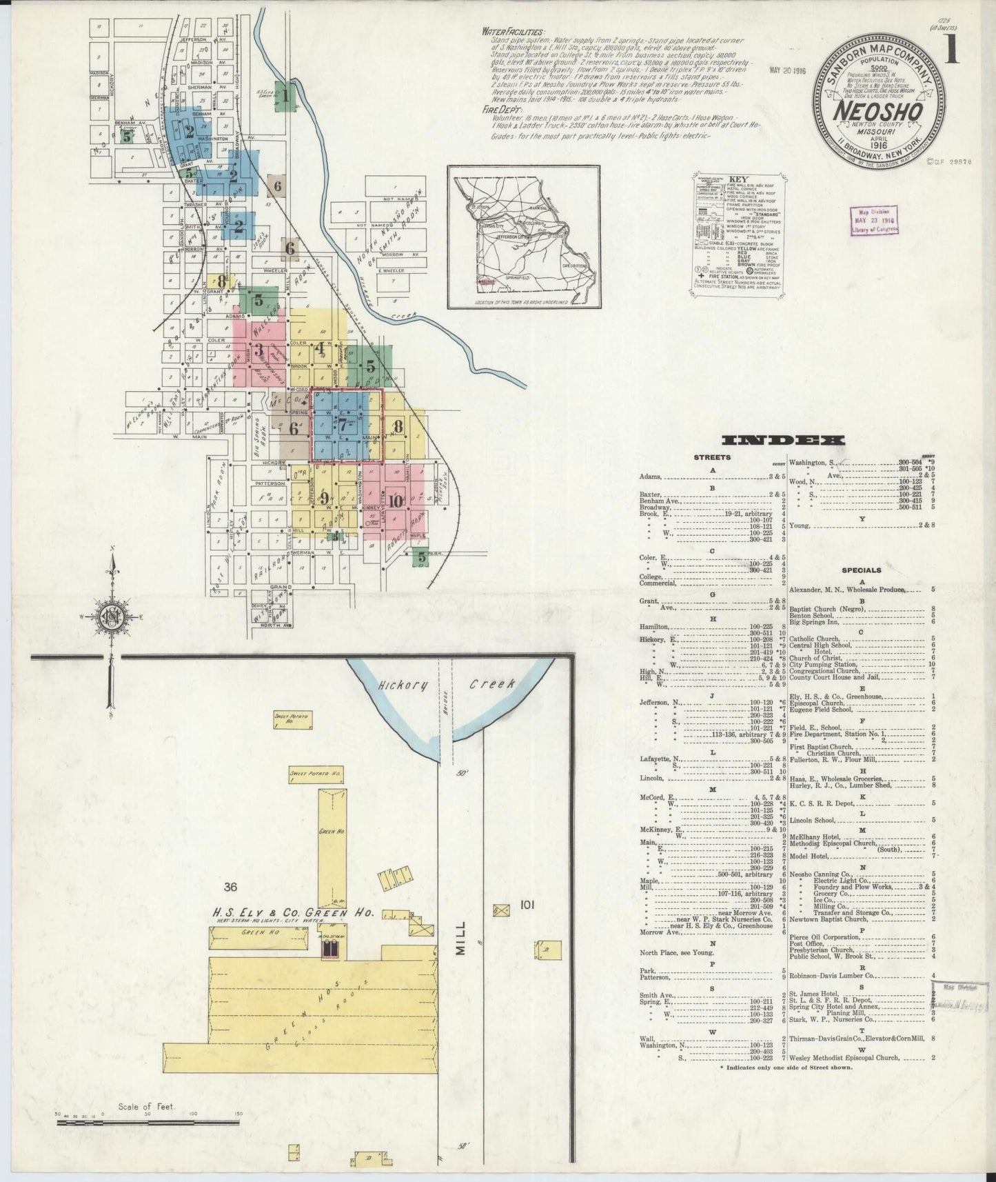 Sanborn Fire Insurance Map from Neosho, Newton County, Missouri (1916), Sheet #0001 - Historic Sanborn Fire Insurance Map Print, vintage old map wall art, antique decor, genealogy gift, Missouri Missouri map