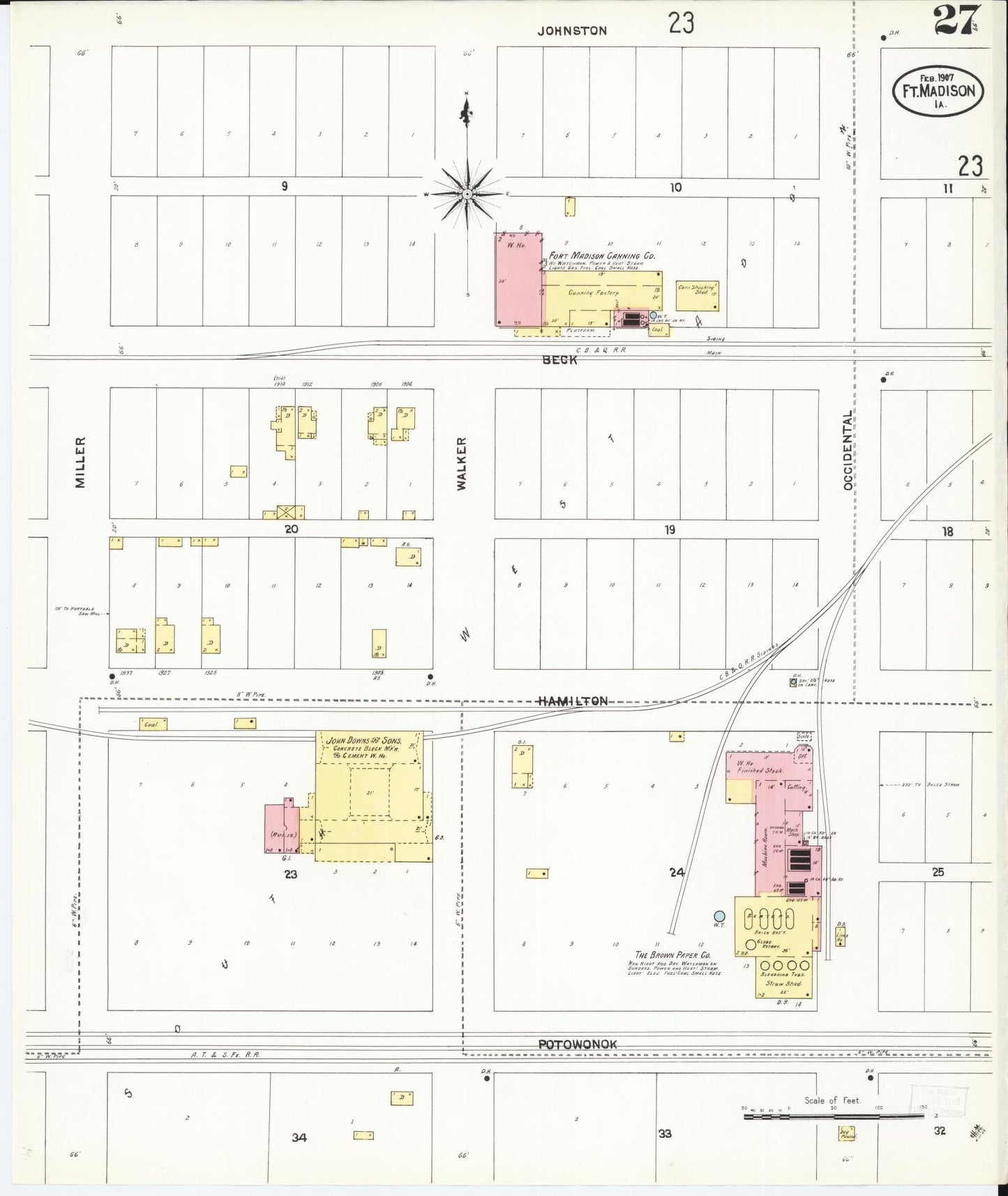 Sanborn Fire Insurance Map from Fort Madison, Lee County, Iowa (1907), Sheet #0027 - Historic Sanborn Fire Insurance Map Print, vintage old map wall art