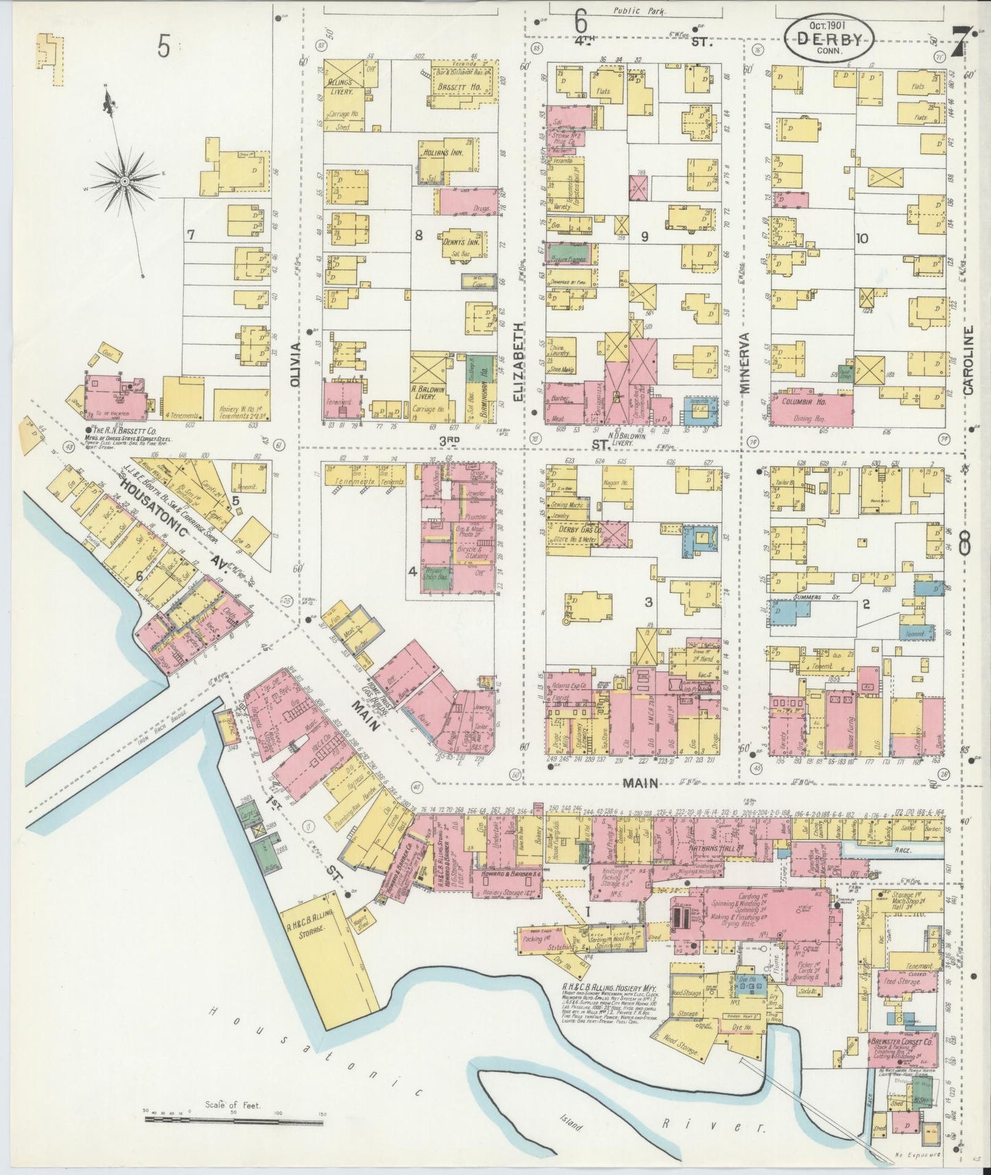 Sanborn Fire Insurance Map from Derby, New Haven County, Connecticut (1901), Sheet #0007 - Historic Sanborn Fire Insurance Map Print, vintage old map wall art, antique decor, genealogy gift, Connecticut Connecticut map