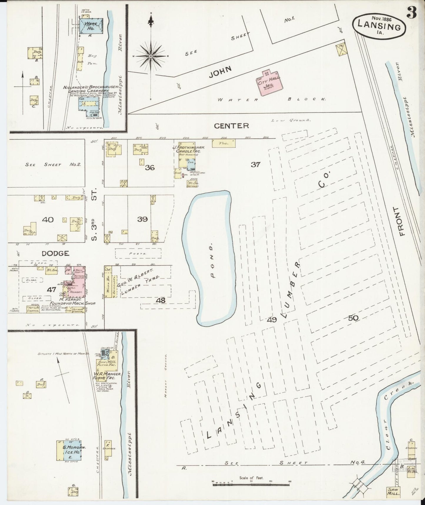Sanborn Fire Insurance Map from Lansing, Allamakee County, Iowa (1886), Sheet #0003 - Historic Sanborn Fire Insurance Map Print, vintage old map wall art