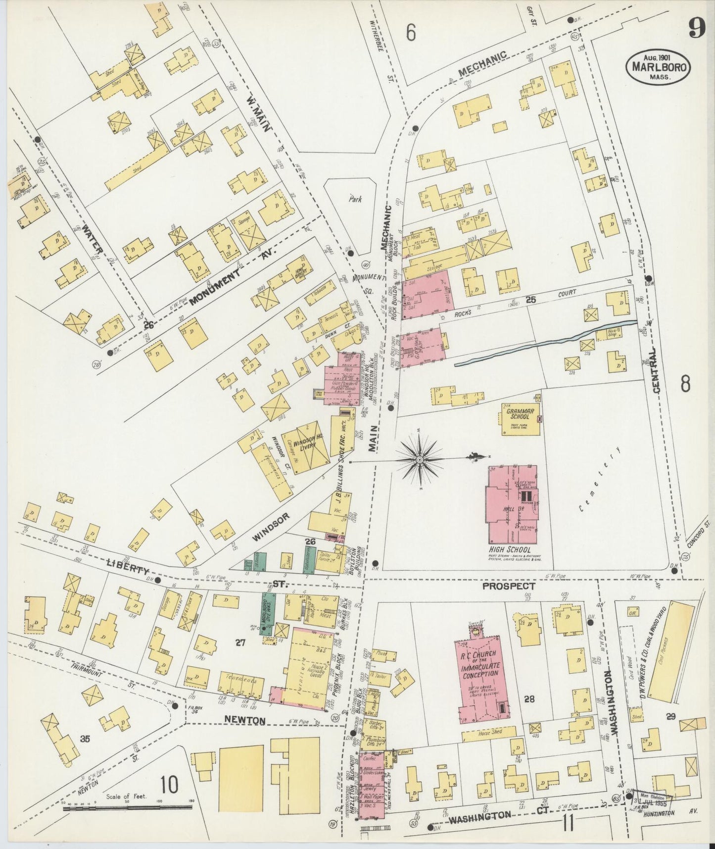 Sanborn Fire Insurance Map from Marlborough, Middlesex County, Massachusetts (1901), Sheet #0009 - Historic Sanborn Fire Insurance Map Print, vintage old map wall art, antique decor, genealogy gift, Massachusetts Massachusetts map