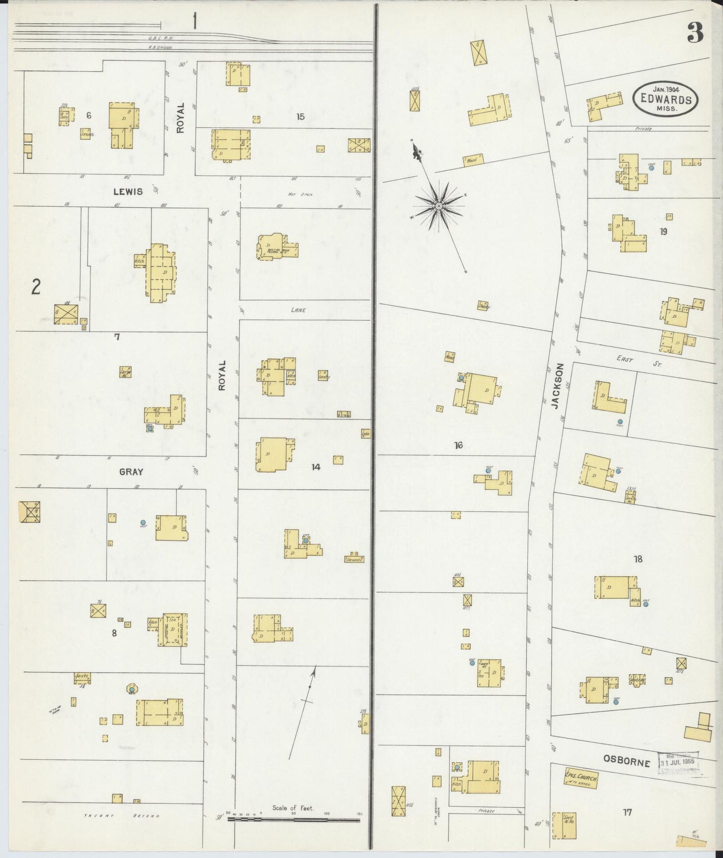 Sanborn Fire Insurance Map from Edwards, Hinds County, Mississippi (1904), Sheet #0003 - Complete Map Set gallery image, historic Sanborn map, vintage wall art, Mississippi Mississippi