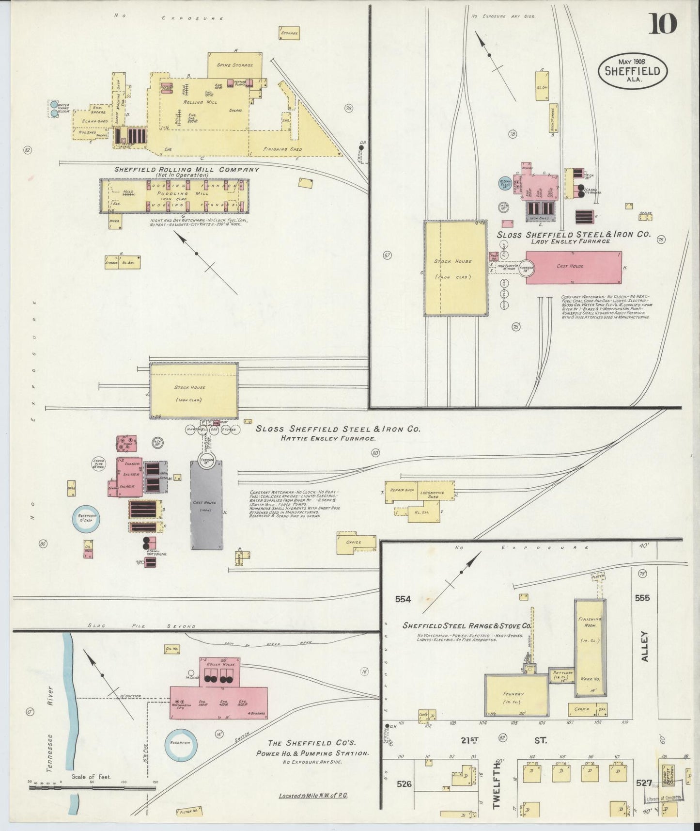 Sanborn Fire Insurance Map from Sheffield, Colbert County, Alabama (1908), Sheet #0010 - Complete Map Set gallery image, historic Sanborn map, vintage wall art, Alabama Alabama