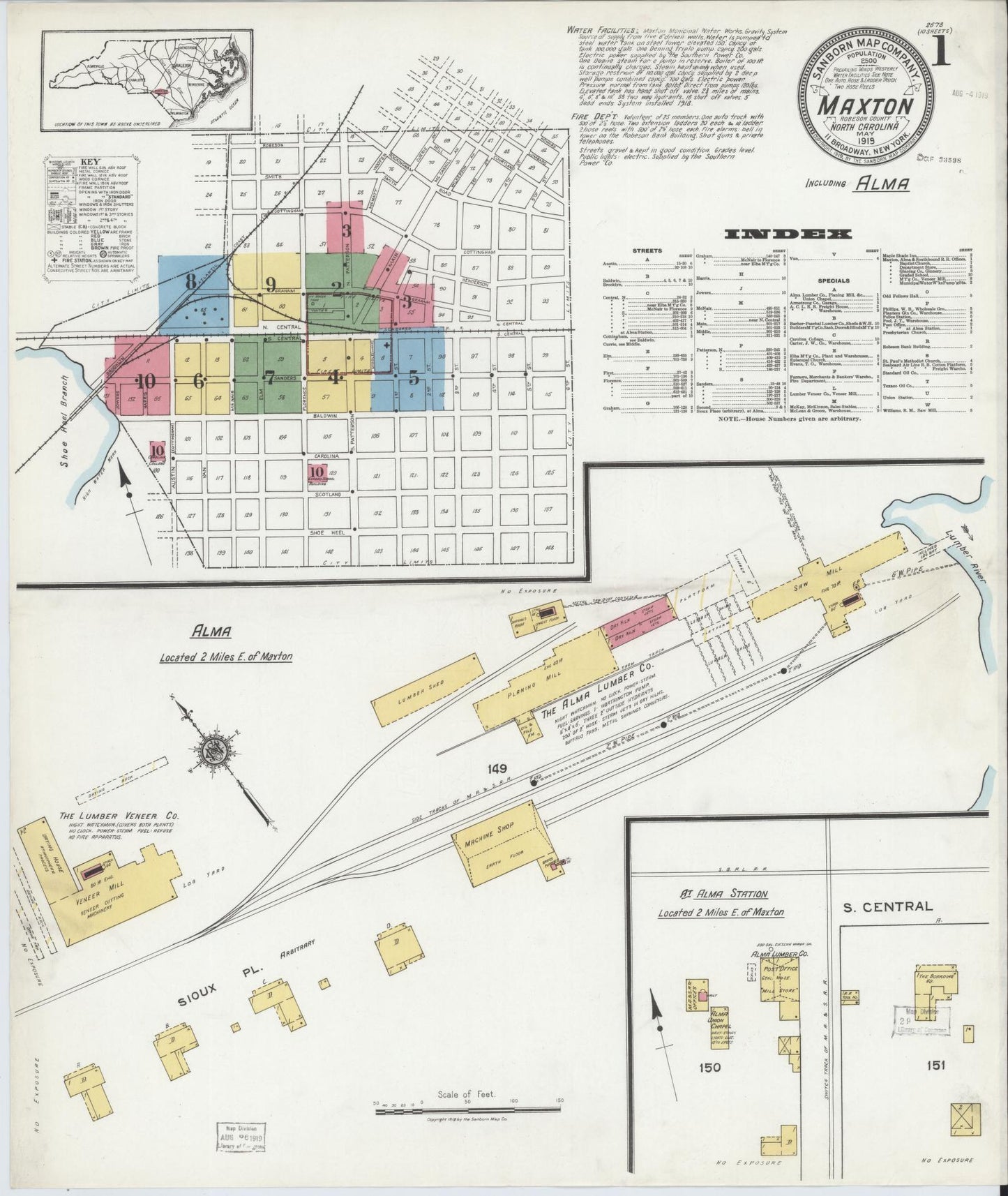 Sanborn Fire Insurance Map from Maxton, Robeson County, North Carolina (1919), Sheet #0001 - Historic Sanborn Fire Insurance Map Print, vintage old map wall art, antique decor, genealogy gift, North Carolina North Carolina map