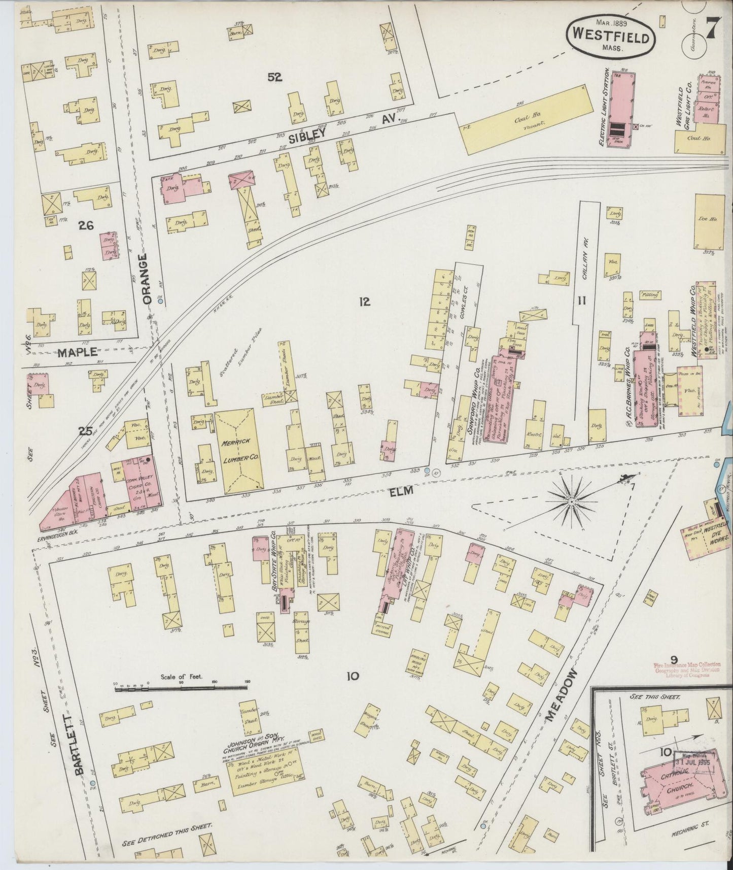 Sanborn Fire Insurance Map from Westfield, Hampden County, Massachusetts (1889), Sheet #0007 - Historic Sanborn Fire Insurance Map Print, vintage old map wall art, antique decor, genealogy gift, Massachusetts Massachusetts map