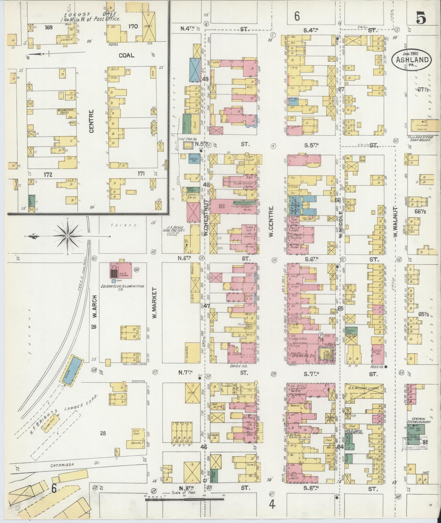 Sanborn Fire Insurance Map from Ashland, Schuylkill County, Pennsylvania (1902), Sheet #0005 - Historic Sanborn Fire Insurance Map Print, vintage old map wall art, antique decor, genealogy gift, Pennsylvania Pennsylvania map