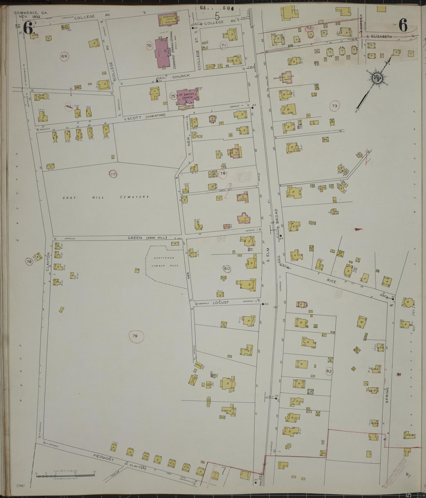 Sanborn Fire Insurance Map from Commerce, Jackson County, Georgia (1943), Sheet #0006 - Historic Sanborn Fire Insurance Map Print, vintage old map wall art, antique decor, genealogy gift, Georgia Georgia map