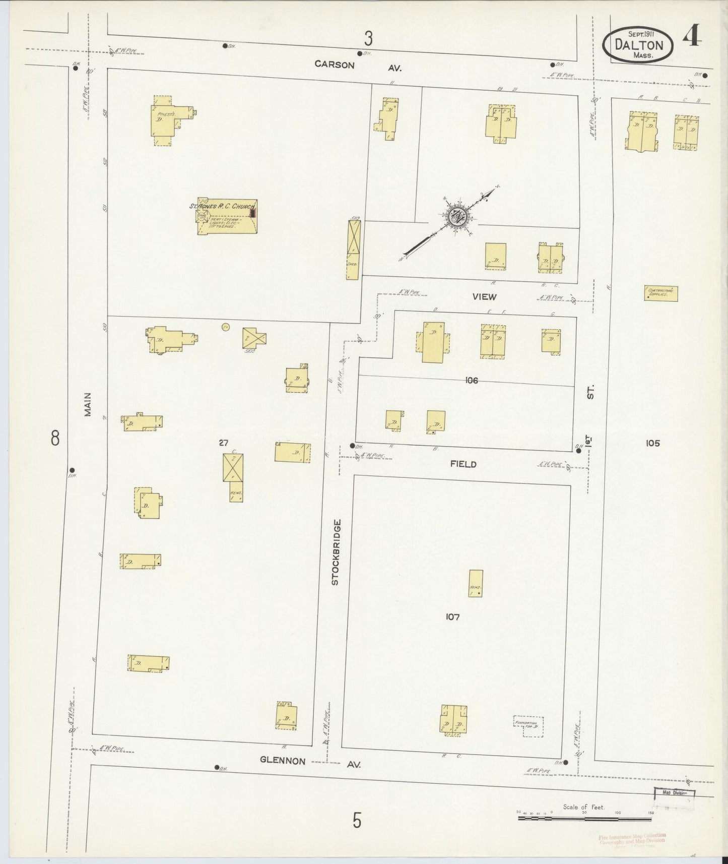 Sanborn Fire Insurance Map from Dalton, Berkshire County, Massachusetts (1911), Sheet #0004 - Historic Sanborn Fire Insurance Map Print, vintage old map wall art, antique decor, genealogy gift, Massachusetts Massachusetts map
