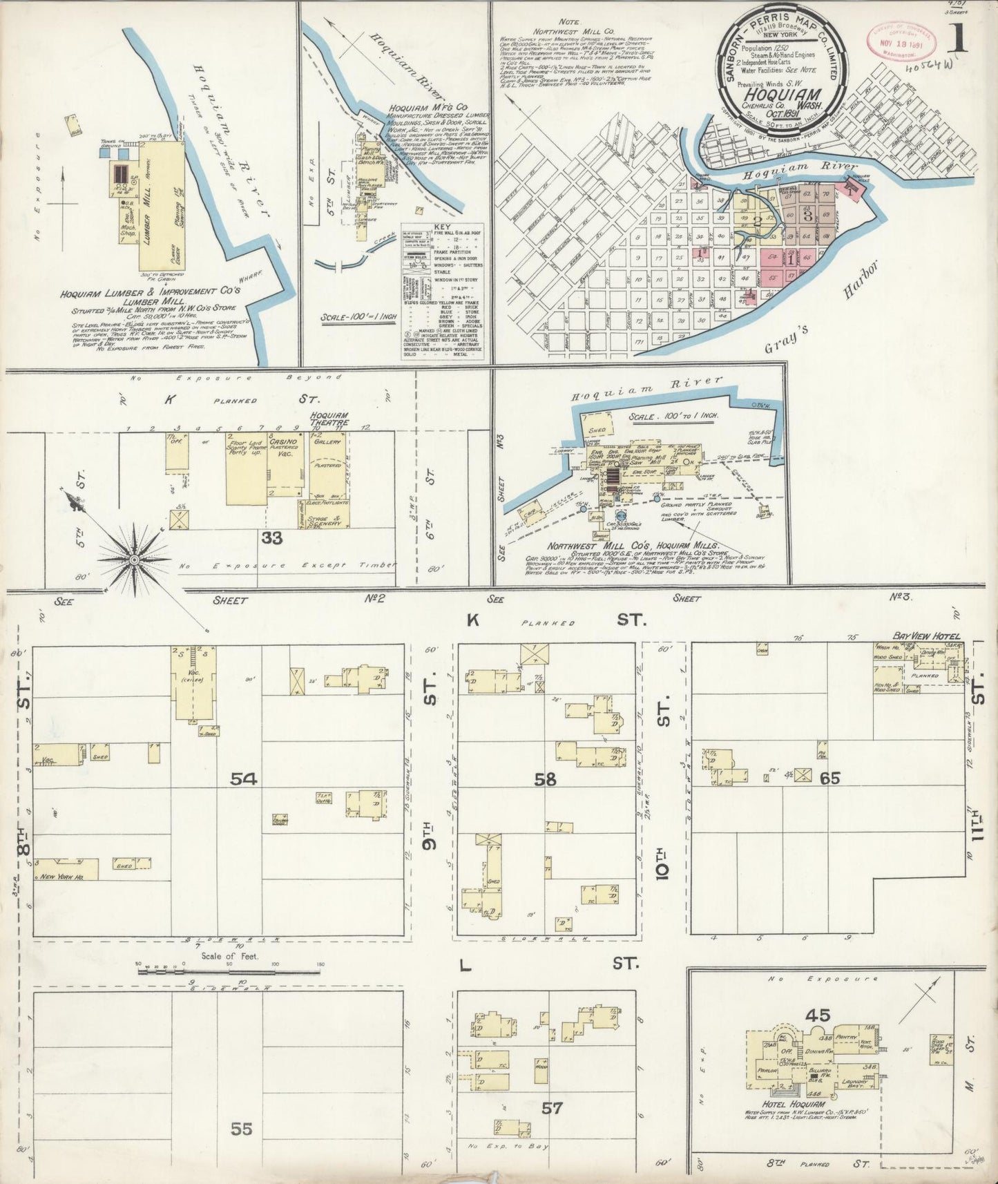 Sanborn Fire Insurance Map from Hoquiam, Grays Harbor County, Washington (1891), Sheet #0001 - Historic Sanborn Fire Insurance Map Print, vintage old map wall art, antique decor, genealogy gift, Washington Washington map