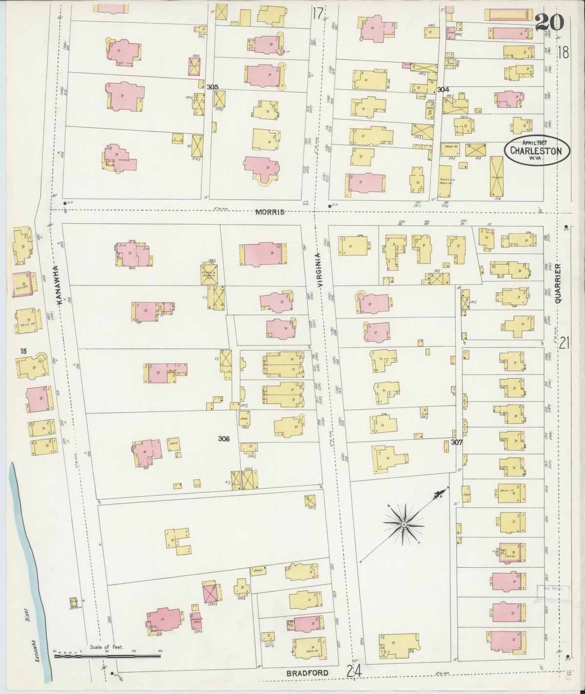 Sanborn Fire Insurance Map from Charleston, Kanawha County, West Virginia (1907), Sheet #0020 - Historic Sanborn Fire Insurance Map Print, vintage old map wall art, antique decor, genealogy gift, West Virginia West Virginia map