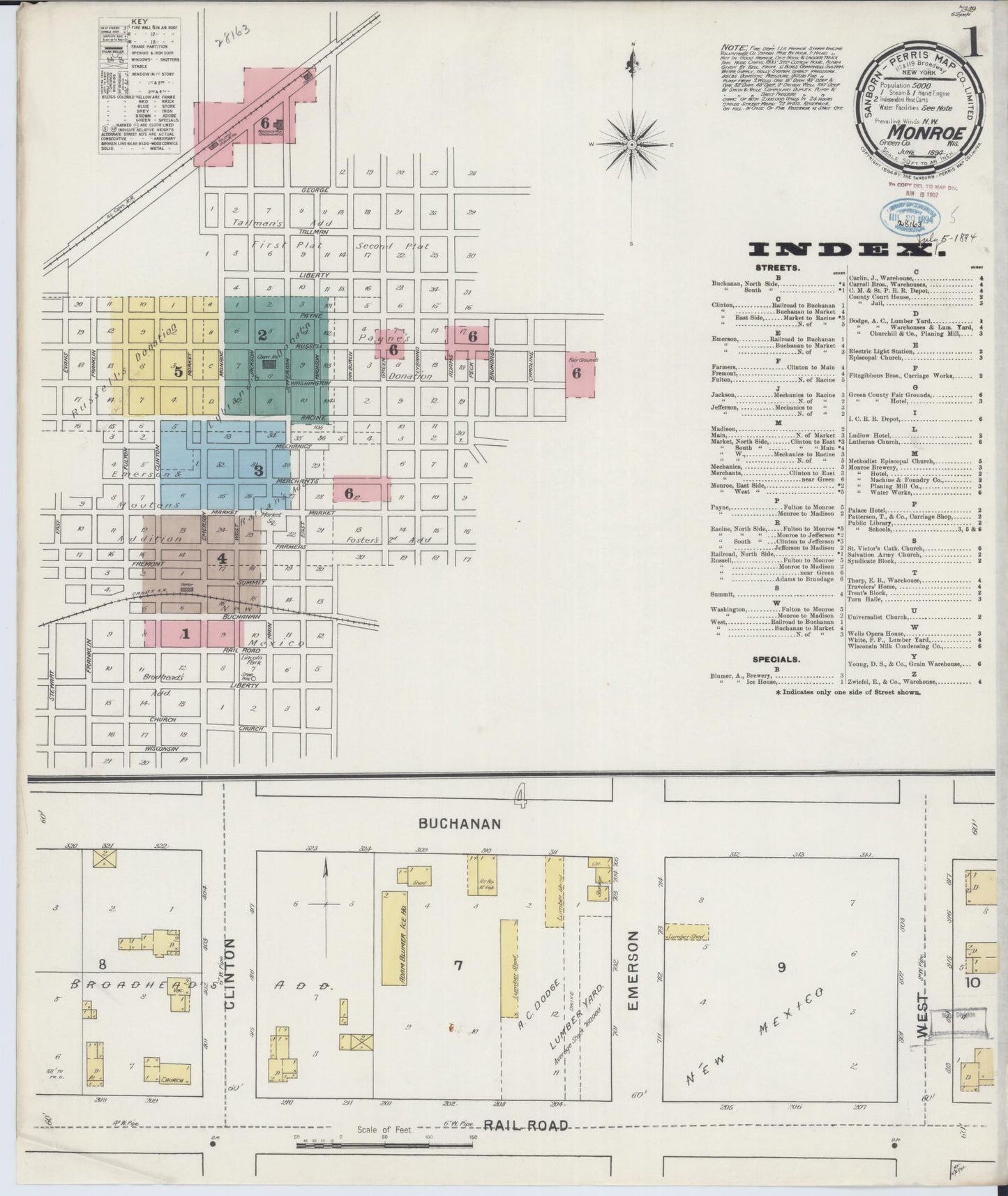 Sanborn Fire Insurance Map from Monroe, Green County, Wisconsin (1894), Sheet #0001 - Historic Sanborn Fire Insurance Map Print, vintage old map wall art, antique decor, genealogy gift, Wisconsin Wisconsin map