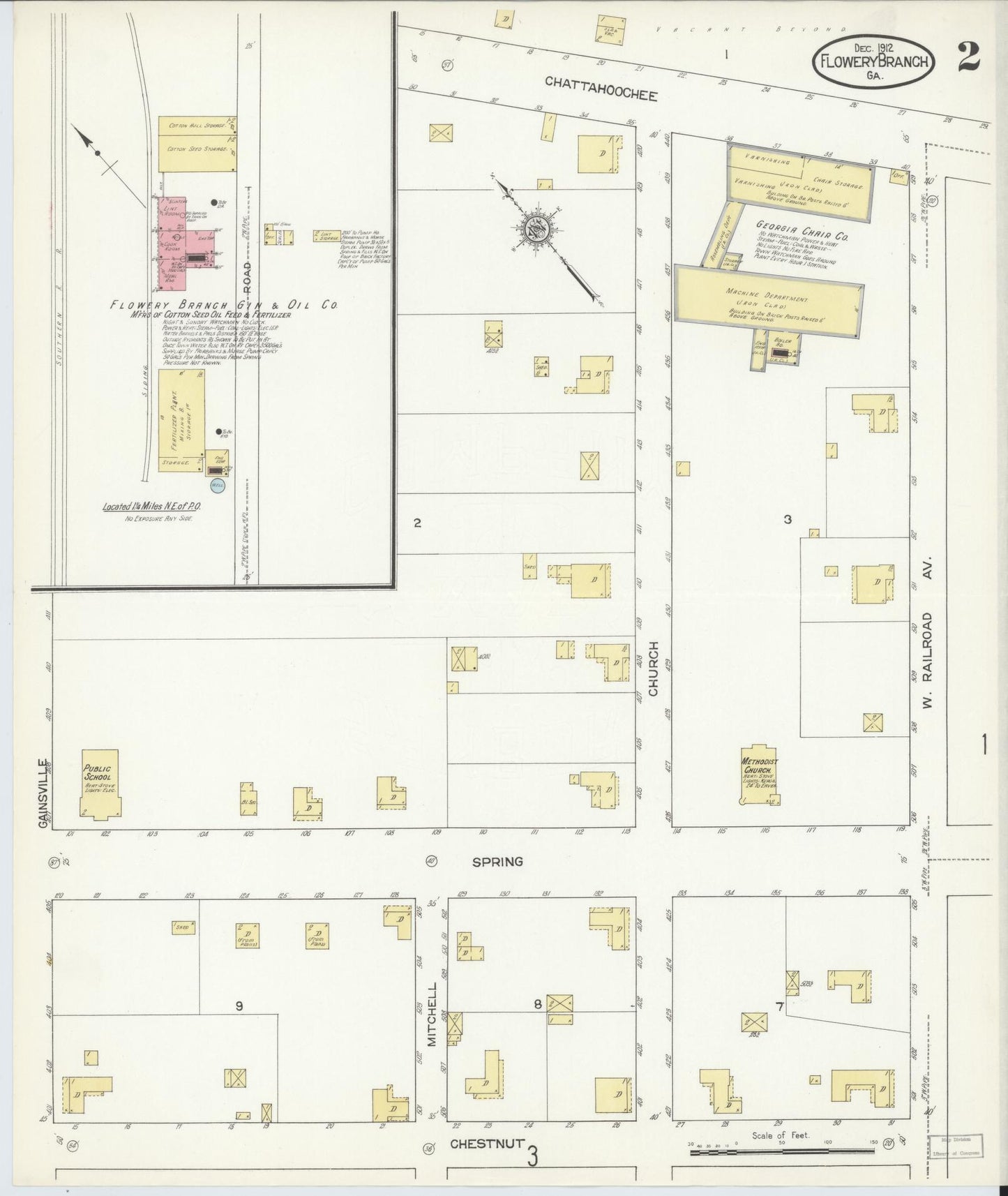 Sanborn Fire Insurance Map from Flowery Branch, Hall County, Georgia (1912), Sheet #0002 - Historic Sanborn Fire Insurance Map Print, vintage old map wall art, antique decor, genealogy gift, Georgia Georgia map