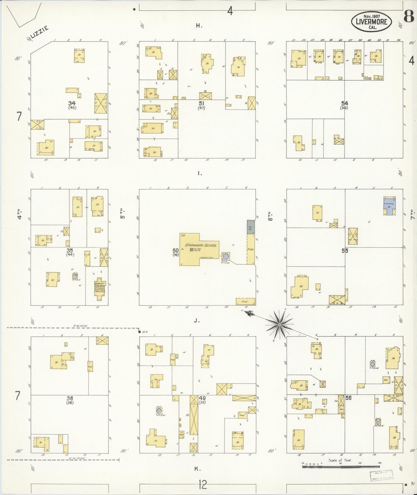 Sanborn Fire Insurance Map from Livermore, Alameda County, California (1907), Sheet #0008 - Historic Sanborn Fire Insurance Map Print, vintage old map wall art, antique decor, genealogy gift, California California map