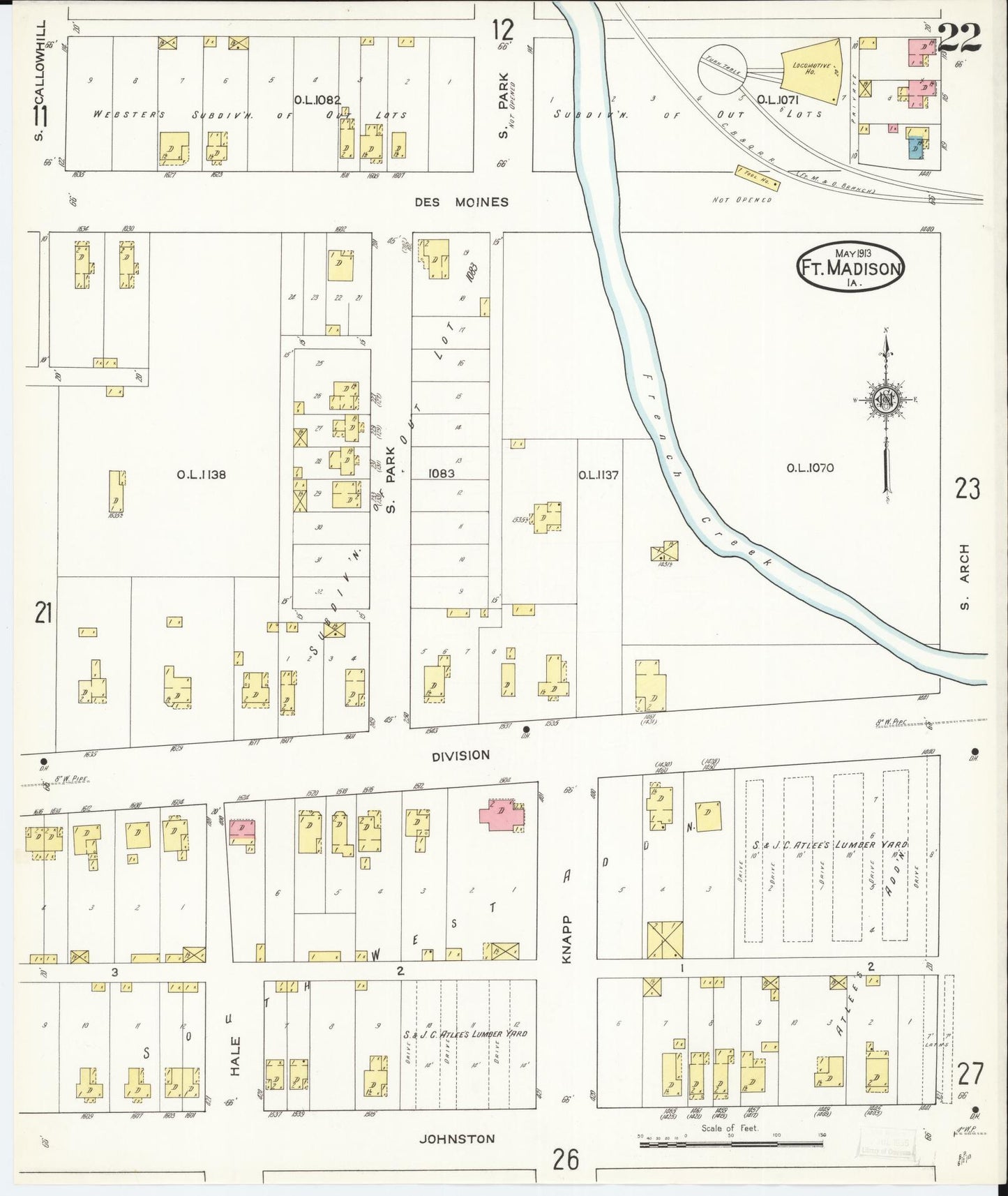 Sanborn Fire Insurance Map from Fort Madison, Lee County, Iowa (1913), Sheet #0022 - Historic Sanborn Fire Insurance Map Print, vintage old map wall art