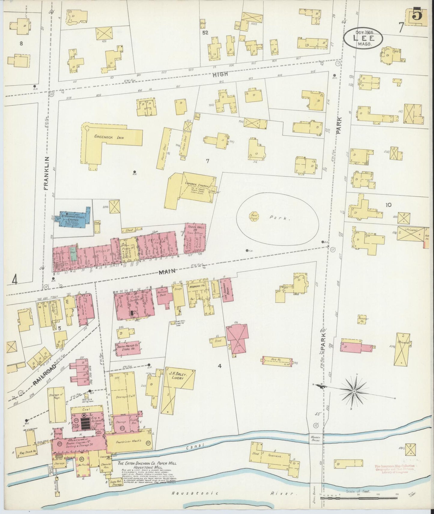 Sanborn Fire Insurance Map from Lee, Berkshire County, Massachusetts (1905), Sheet #0005 - Historic Sanborn Fire Insurance Map Print, vintage old map wall art, antique decor, genealogy gift, Massachusetts Massachusetts map