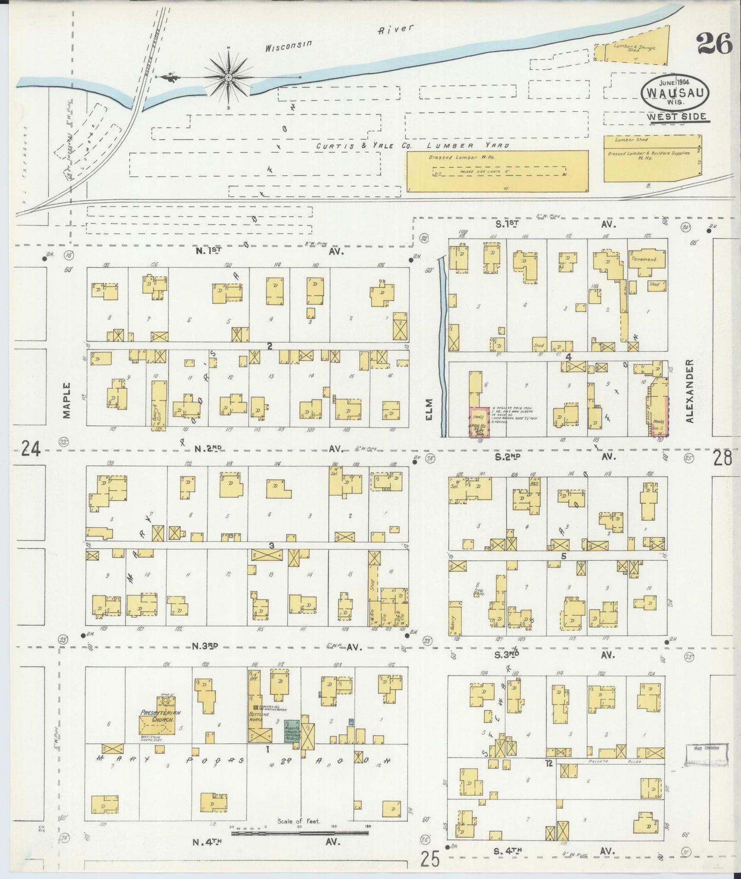 Sanborn Fire Insurance Map from Wausau, Marathon County, Wisconsin (1904), Sheet #0026 - Historic Sanborn Fire Insurance Map Print, vintage old map wall art, antique decor, genealogy gift, Wisconsin Wisconsin map