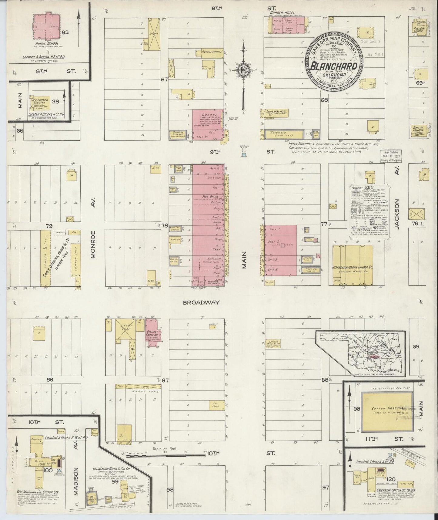 Sanborn Fire Insurance Map from Blanchard, McClain County, Oklahoma (1916), Sheet #0001 - Historic Sanborn Fire Insurance Map Print, vintage old map wall art, antique decor, genealogy gift, Oklahoma Oklahoma map
