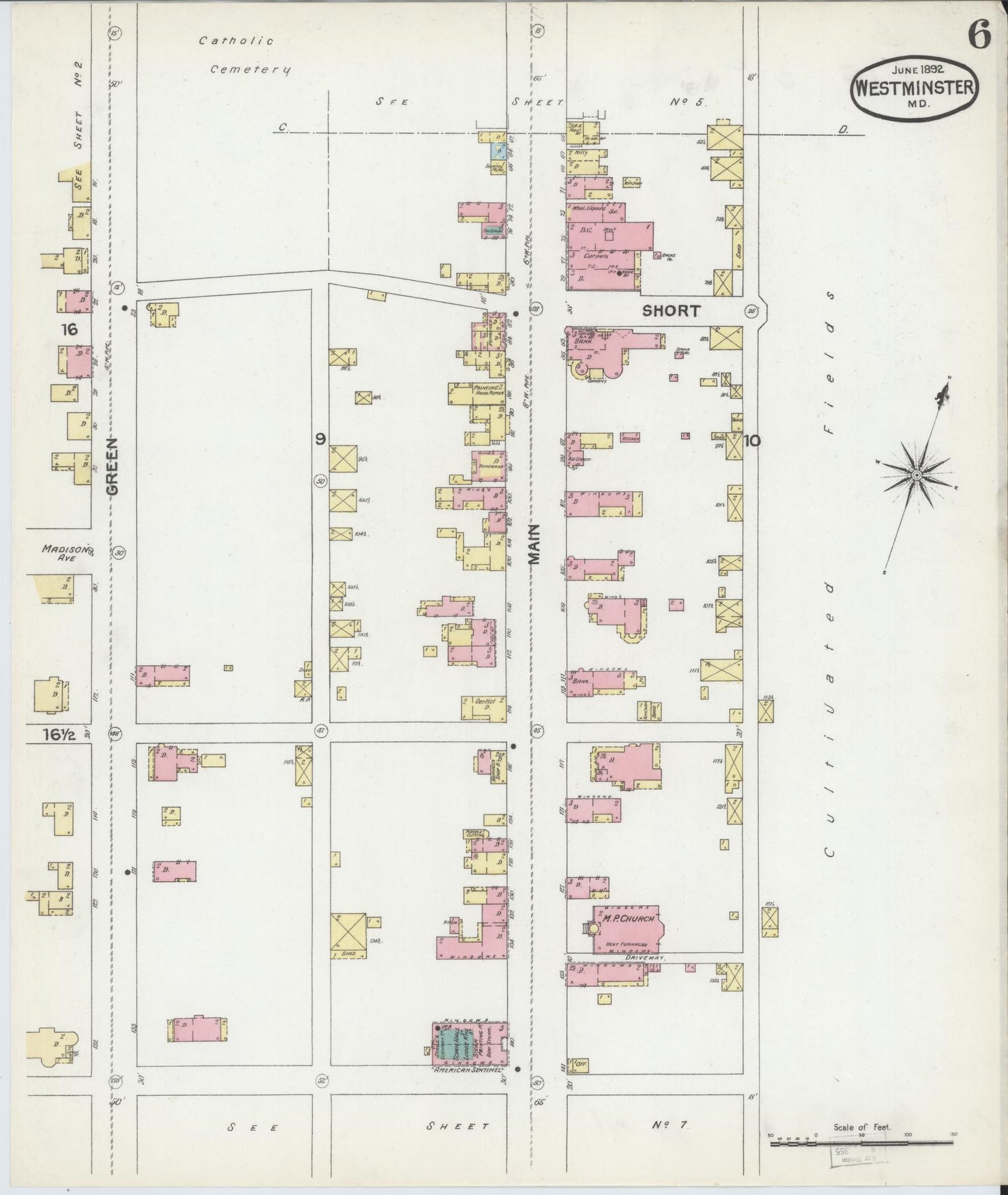 Sanborn Fire Insurance Map from Westminster, Carroll County, Maryland (1892), Sheet #0006 - Historic Sanborn Fire Insurance Map Print, vintage old map wall art, antique decor, genealogy gift, Maryland Maryland map