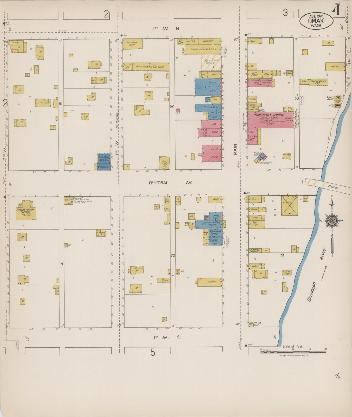 Sanborn Fire Insurance Map from Omak, Okanogan County, Washington (1922), Sheet #0004 - Historic Sanborn Fire Insurance Map Print, vintage old map wall art, antique decor, genealogy gift, Washington Washington map