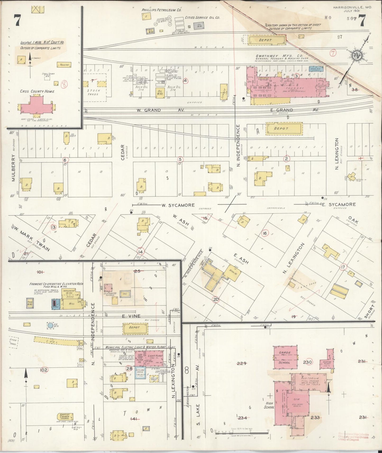 Sanborn Fire Insurance Map from Harrisonville, Cass County, Missouri (1939), Sheet #0007 - Historic Sanborn Fire Insurance Map Print, vintage old map wall art, antique decor, genealogy gift, Missouri Missouri map