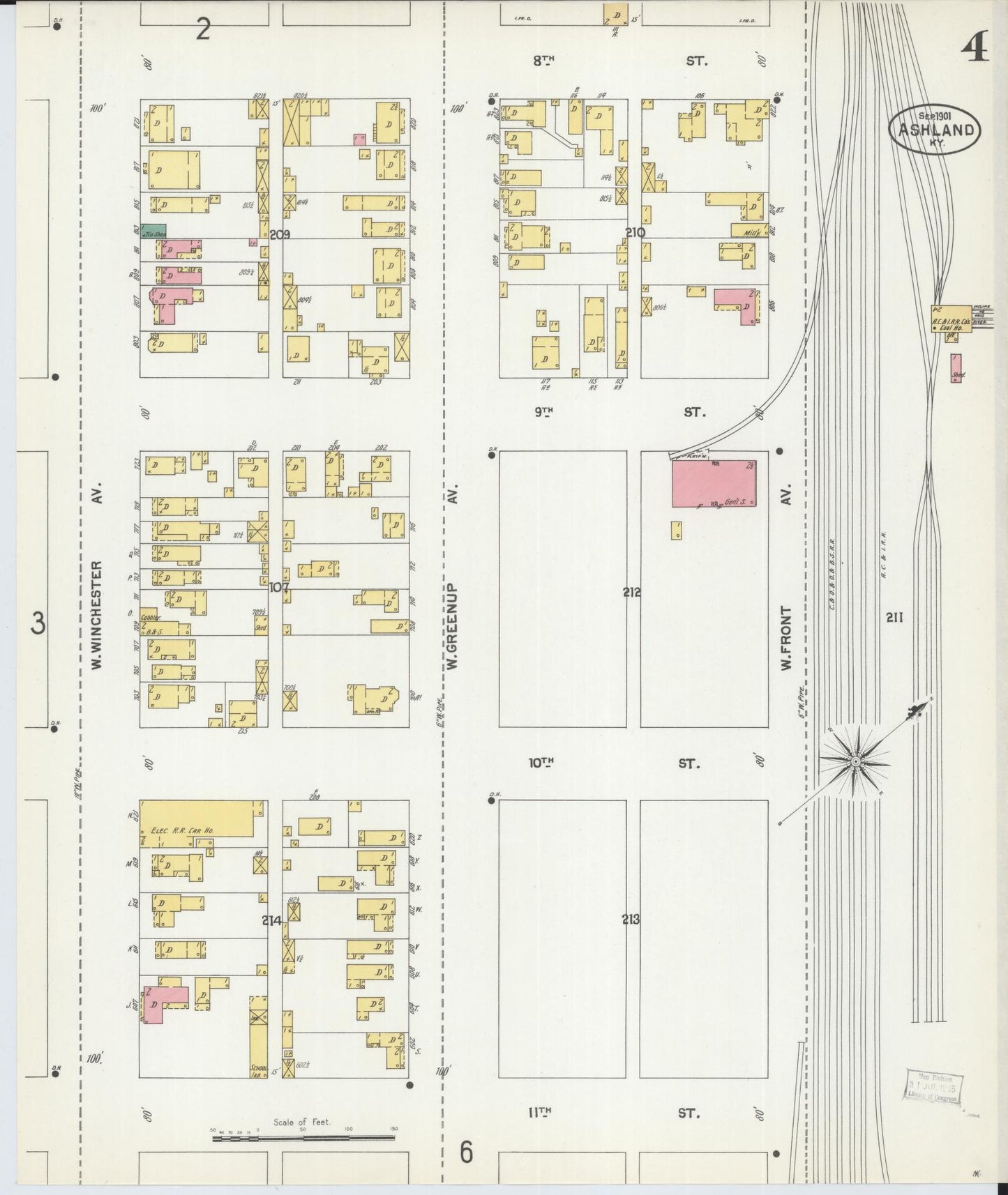Sanborn Fire Insurance Map from Ashland, Boyd County, Kentucky (1901), Sheet #0004 - Historic Sanborn Fire Insurance Map Print, vintage old map wall art, antique decor, genealogy gift, Kentucky Kentucky map