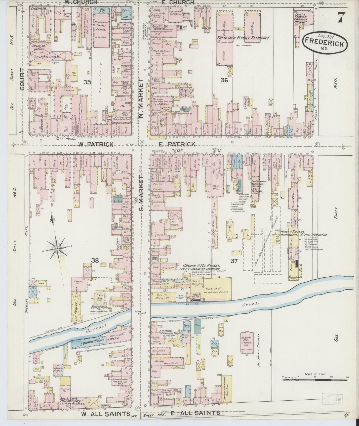 Frederick, Maryland - 1887 - Sanborn Fire Insurance Map, Sheet #0007 - Historic Sanborn Fire Insurance Map Print, Frederick Maryland 1887 0007 vintage old map wall art