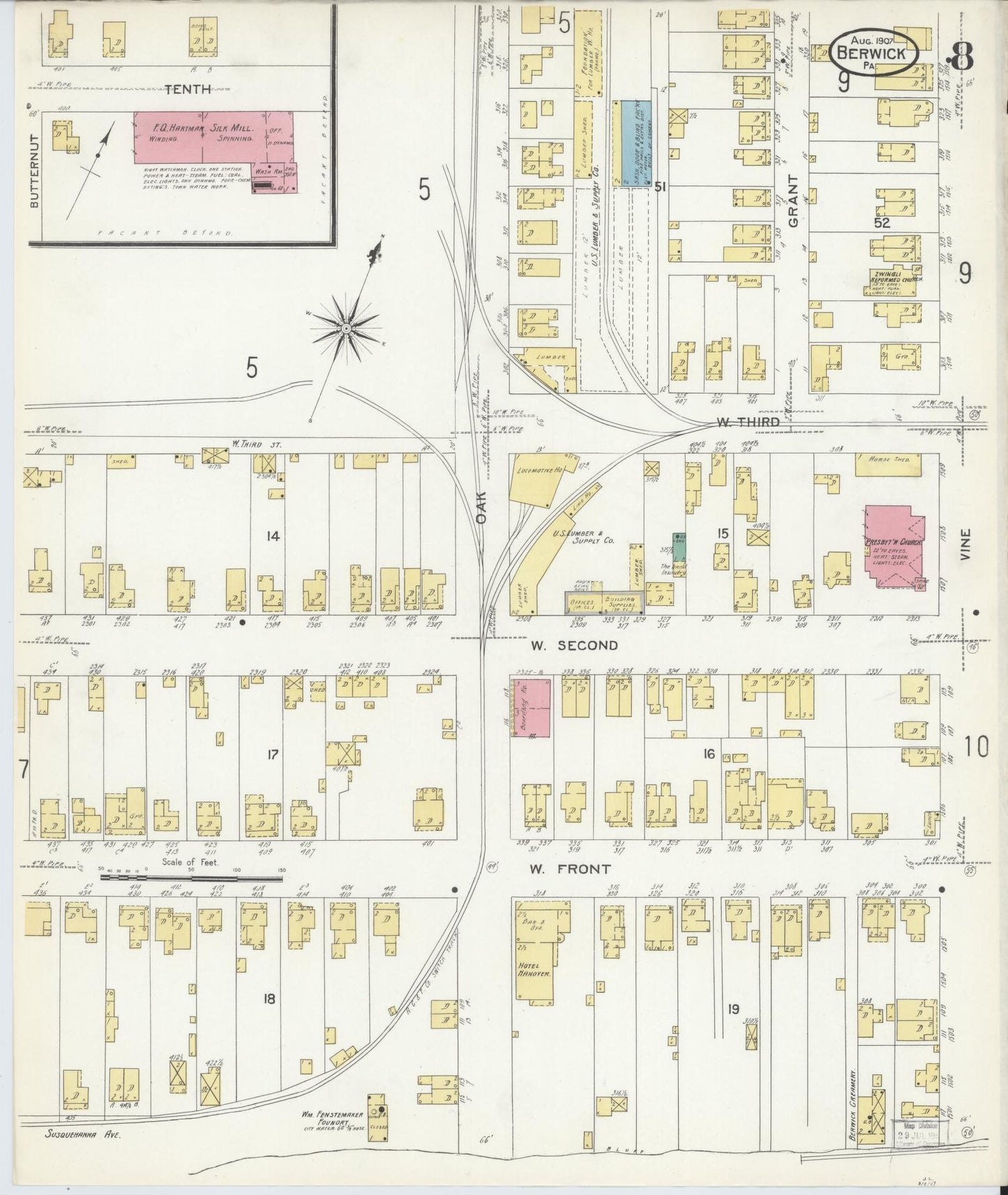 Sanborn Fire Insurance Map from Berwick, Columbia County, Pennsylvania (1907), Sheet #0008 - Historic Sanborn Fire Insurance Map Print, vintage old map wall art, antique decor, genealogy gift, Pennsylvania Pennsylvania map