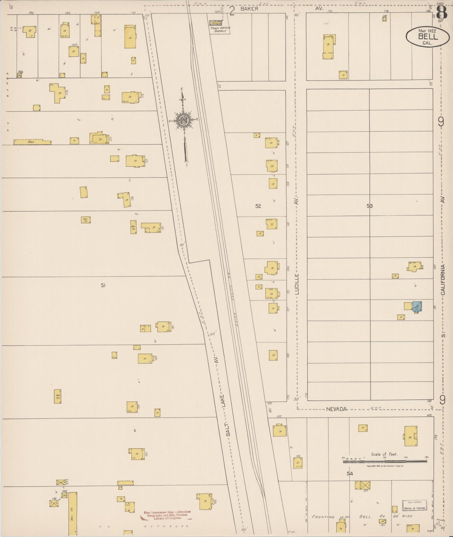 Sanborn Fire Insurance Map from Bell, Los Angeles County, California (1922), Sheet #0008 - Historic Sanborn Fire Insurance Map Print, vintage old map wall art, antique decor, genealogy gift, California California map